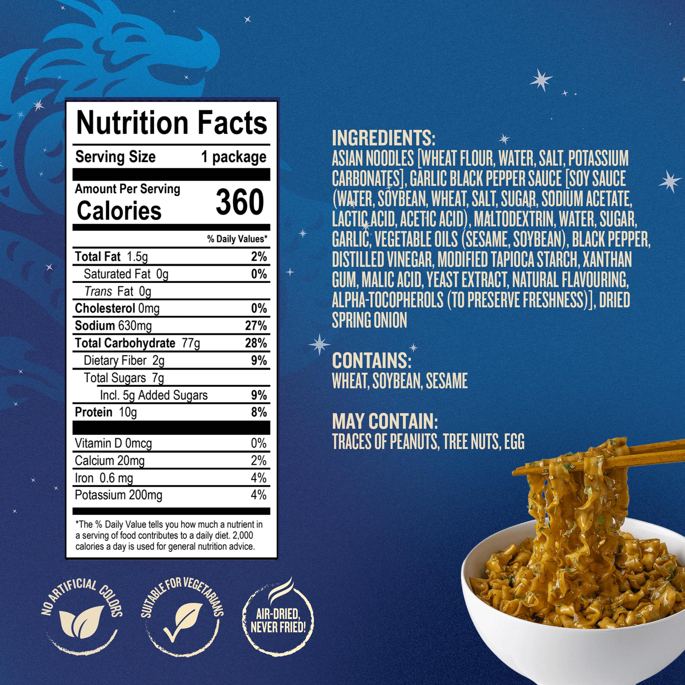 Blue Dragon Garlic & Black Pepper Saucy Noodles - 4.25oz (Pack of 6) - Knife Cut Air Dried Noodles w/Garlic & Black Pepper Sauce & Spring Onion Garnish - Quick & Easy Meal with Bold Asian Flavors