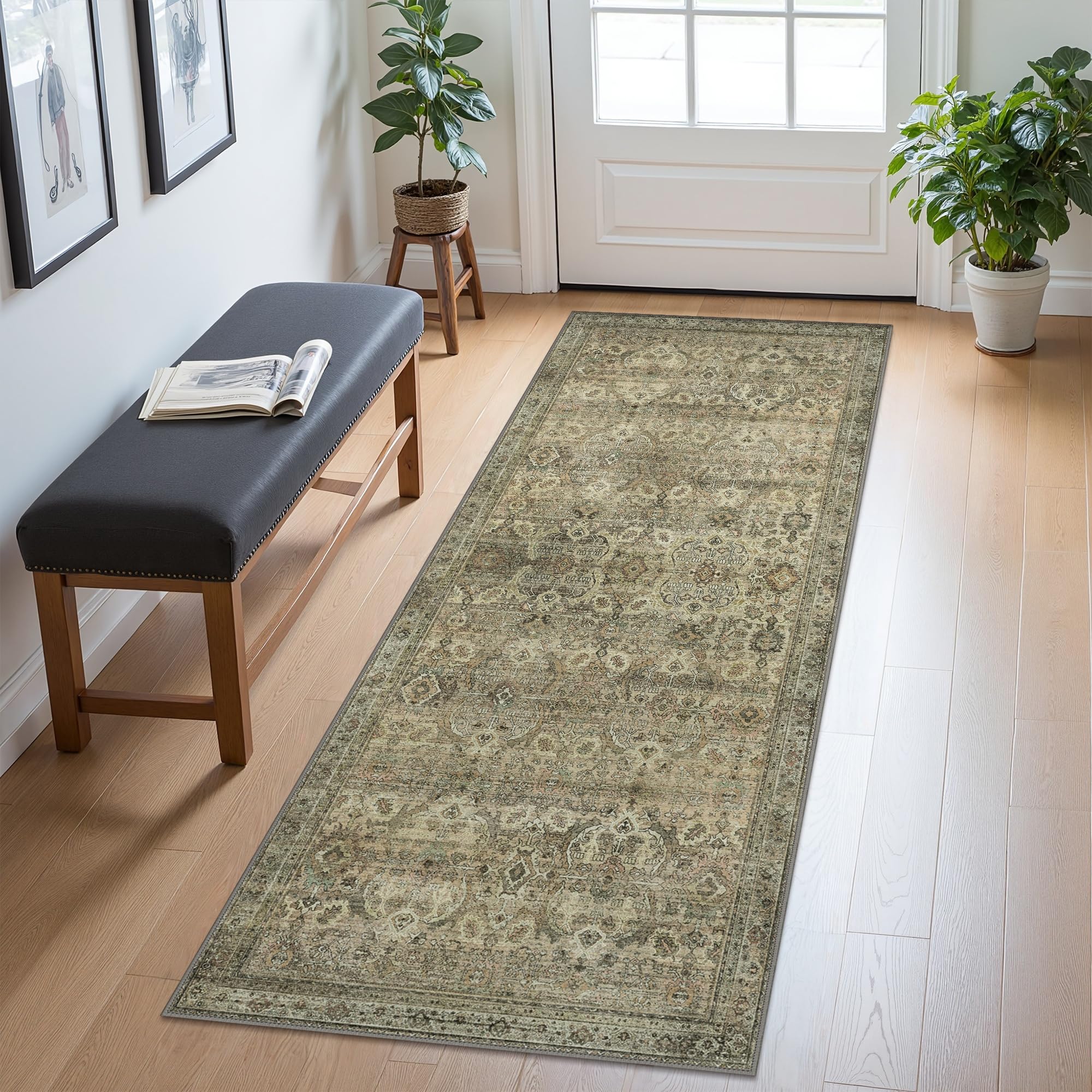 2x10 Runner Rug Machine Washable Boho Rug Runners for Hallway,Ultra-Thin Low Pile Rug,Lightweight Indoor Carpet,Non Slip Floral Runners for Enrtyway,