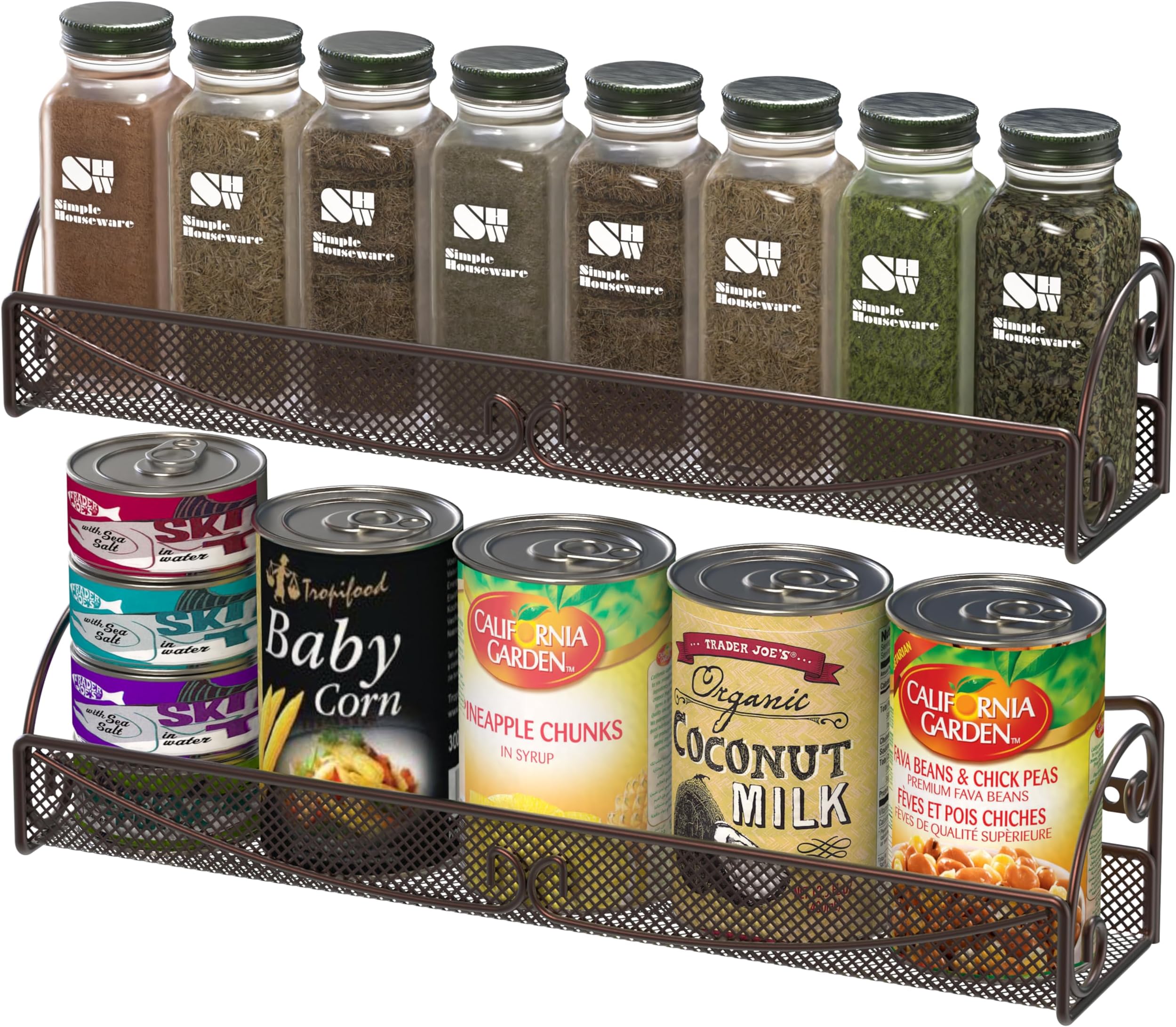 Wall Mounted Single Tier Mesh Hanging Spice Rack, Set of 2, Bronze