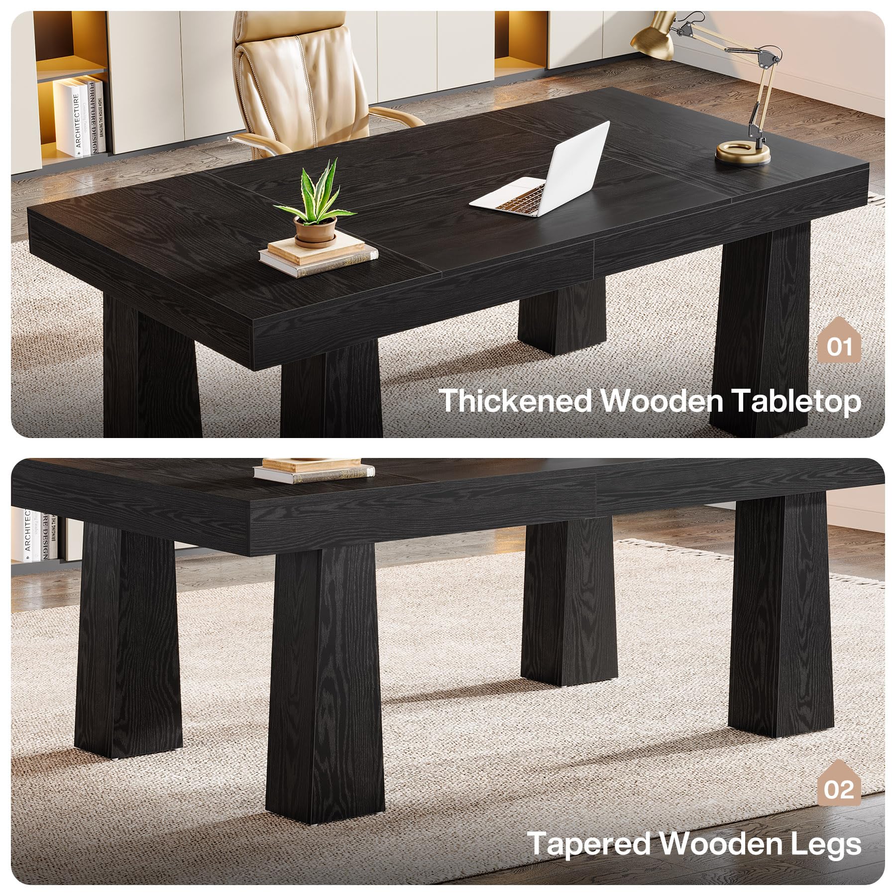 Tribesigns Escritorio, 160 × 80 cm, Mesa de Reuniones Rectangular Industrial Moderna Robustra con 4 Patas Cónicas, Escritorio Negro para Estudio Trabajo Oficina Dormitorio Hogar