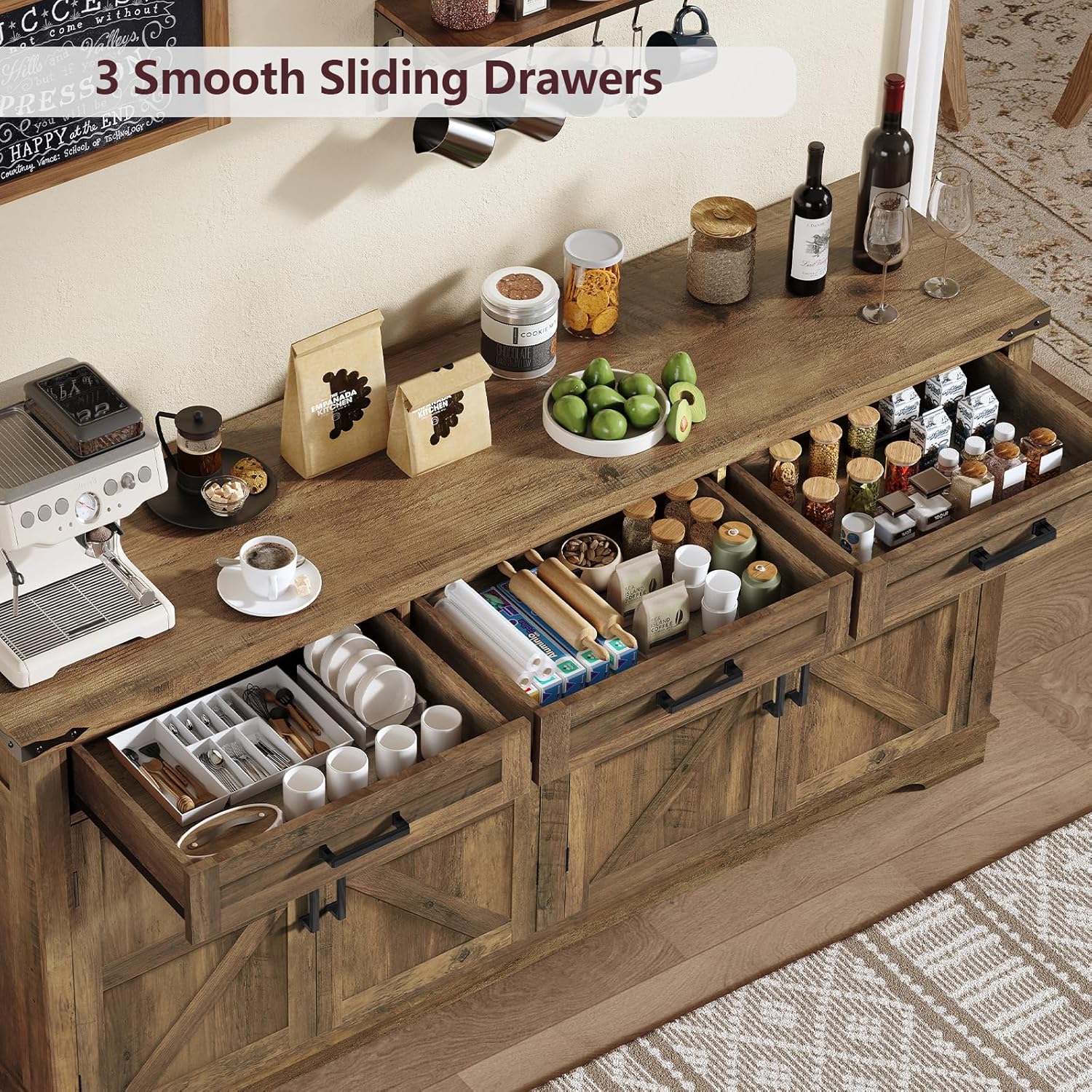 61" Farmhouse Buffet Cabinet with Adjustable Shelves, Sideboard with 3 Drawers & 4 Doors, Rustic Storage Cabinet for Kitchen, Entryway, Coffee Bar, Honey Brown