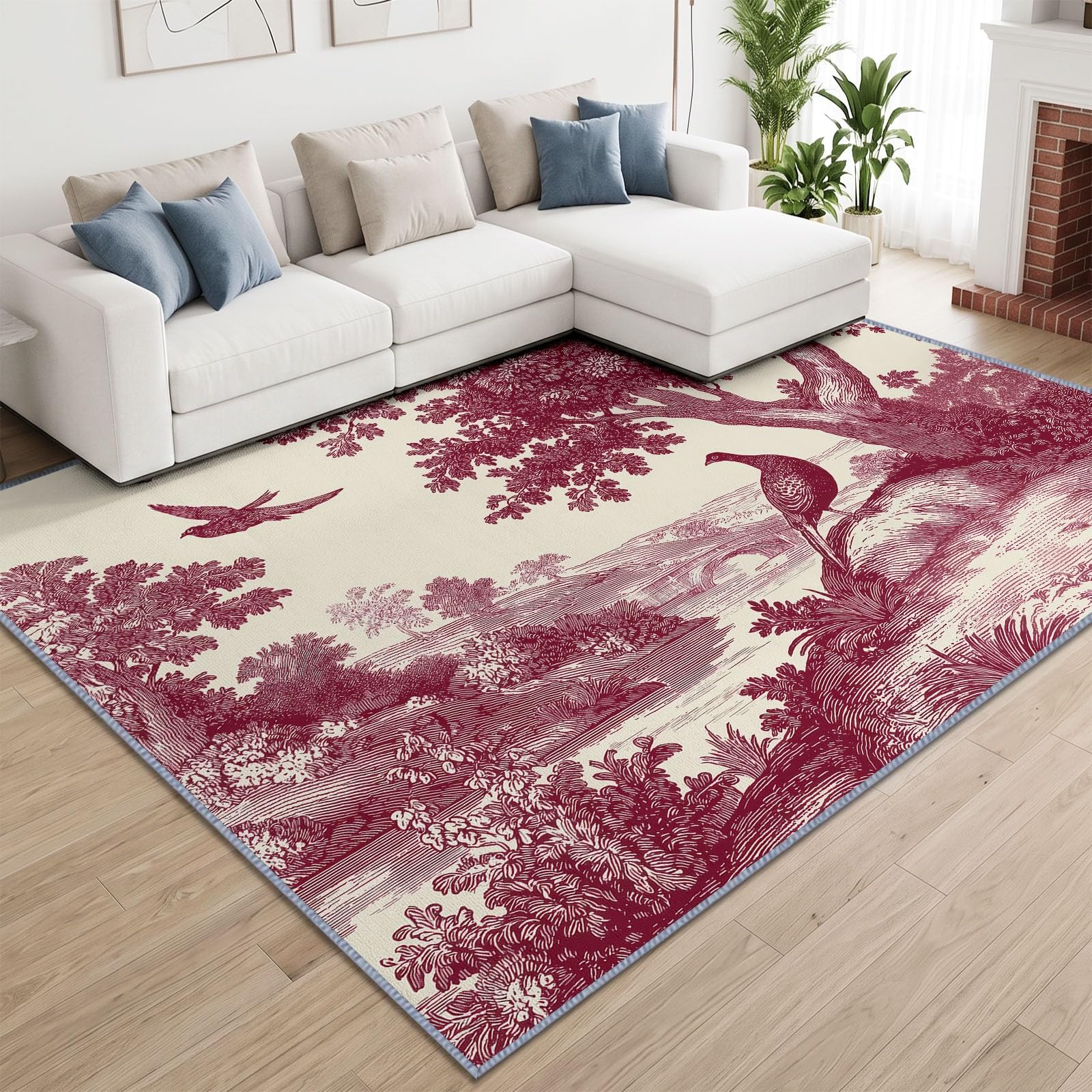 Générique Tapis Lavable en Machine 140 x 200 cm Animaux Oiseaux Branches Feuilles Tapis Poils Courts Anti-Poussière – Design Élégant et Antidérapant – Parfait pour Salon, Chambre et Couloir, Rouge