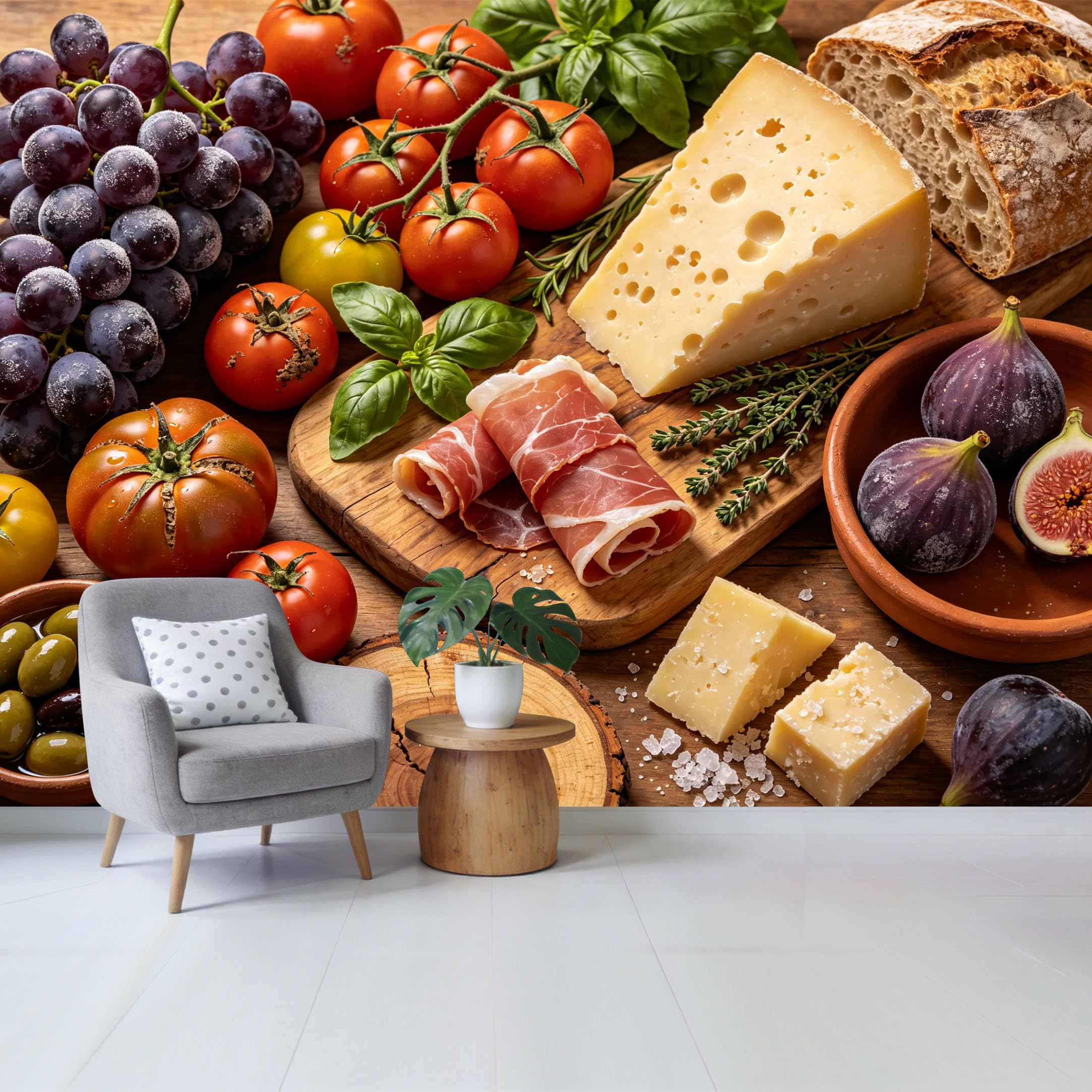Custom Size Wall Mural Mediterranean Food Still Life Cheese Bread Grapes Tomatoes Olives Rustic Farmhouse Style Removable Self Adhesive Fabric Home Wall Decor for Living Room Bedroom