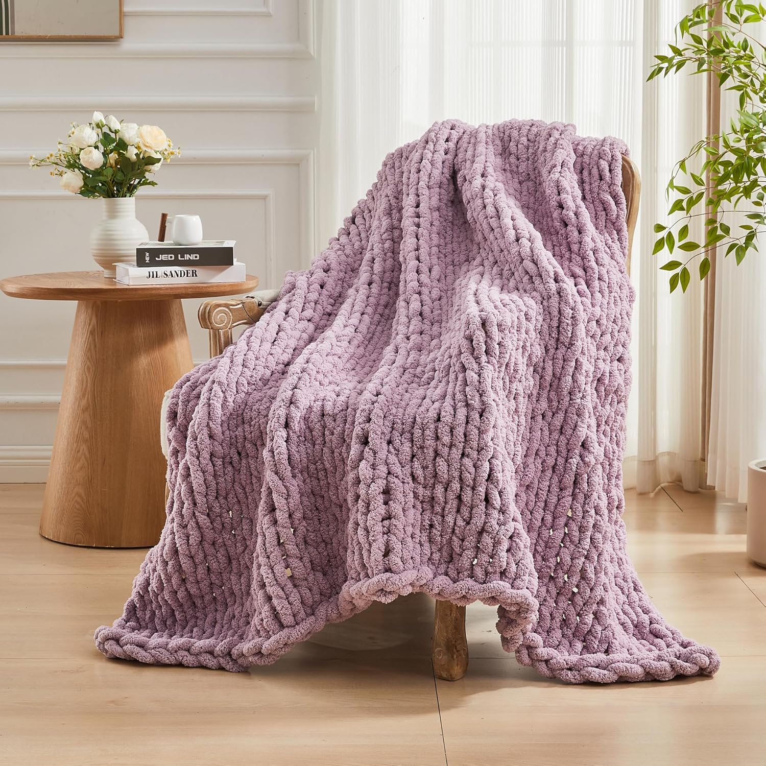 Carriediosa Chunky Knit Throw Blanket 50" X 60", 100% Hand Made Large Chenille Loop Yarn Soft Fluffy Throws for Couch Sofa Bed, Big Crochet Cozy Heavy Thick Cable Woven Blankets, Purple - Image 8