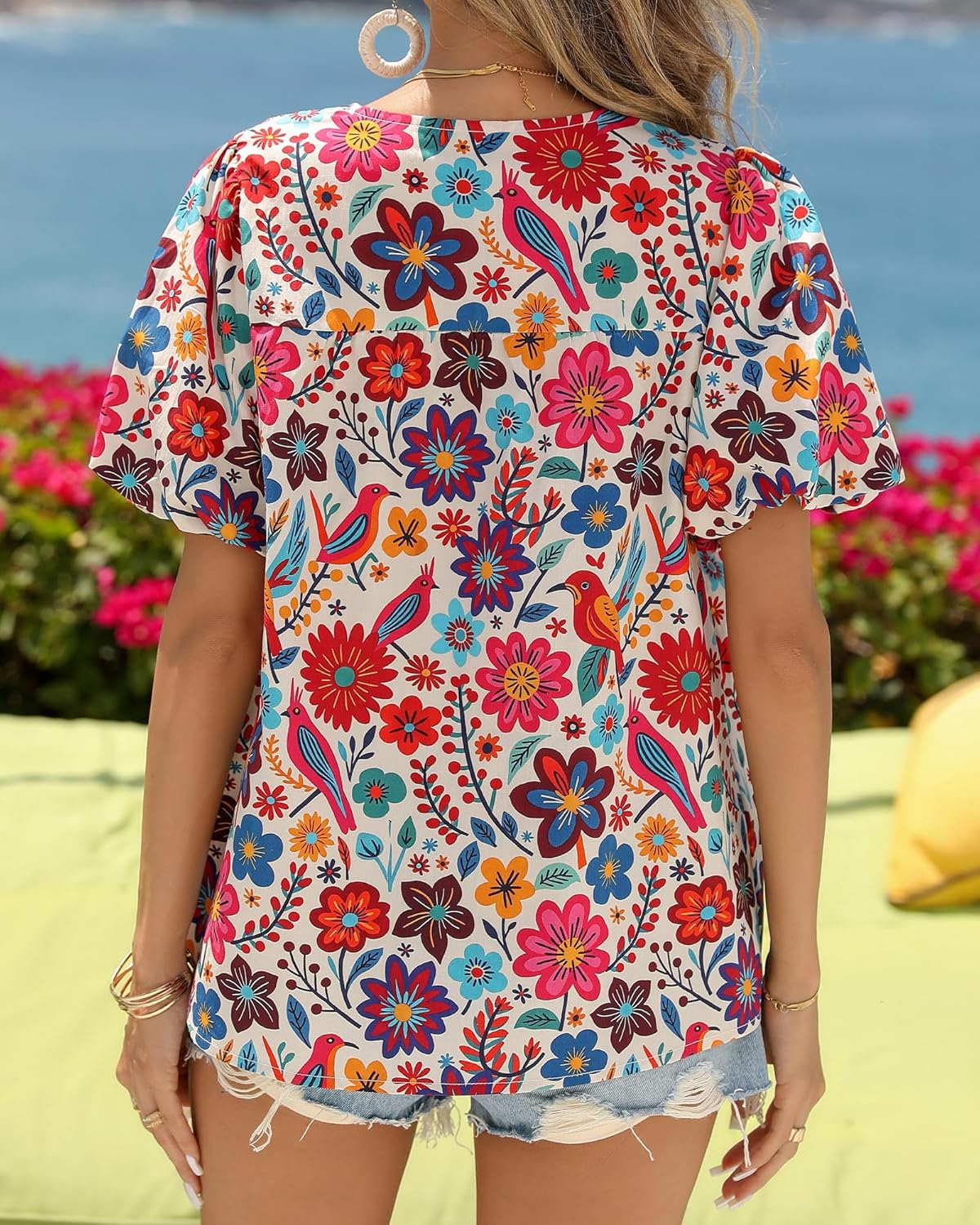 KIRUNDO Boho Tops for Women Summer 2026 Dressy Floral Blouse V Neck Drawstring Short Sleeve Shirts Beach Vacation Clothes