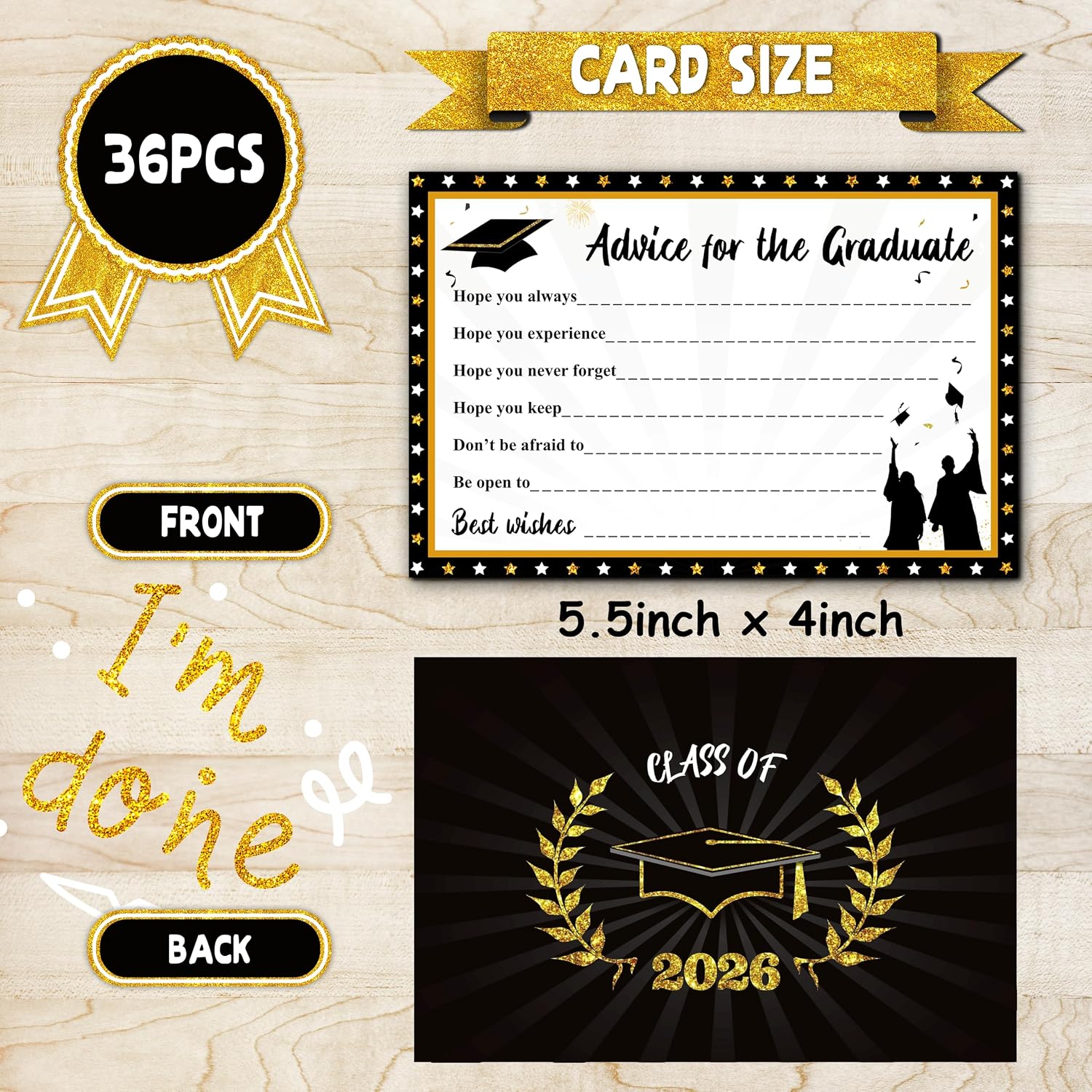 Graduation Wish Cards with Black and Gold Card Holder Box - 36PCS Class Of 2026 Advice Cards and 2026 Congrats Grad Card Box for Graduation Party Supplies Decoration