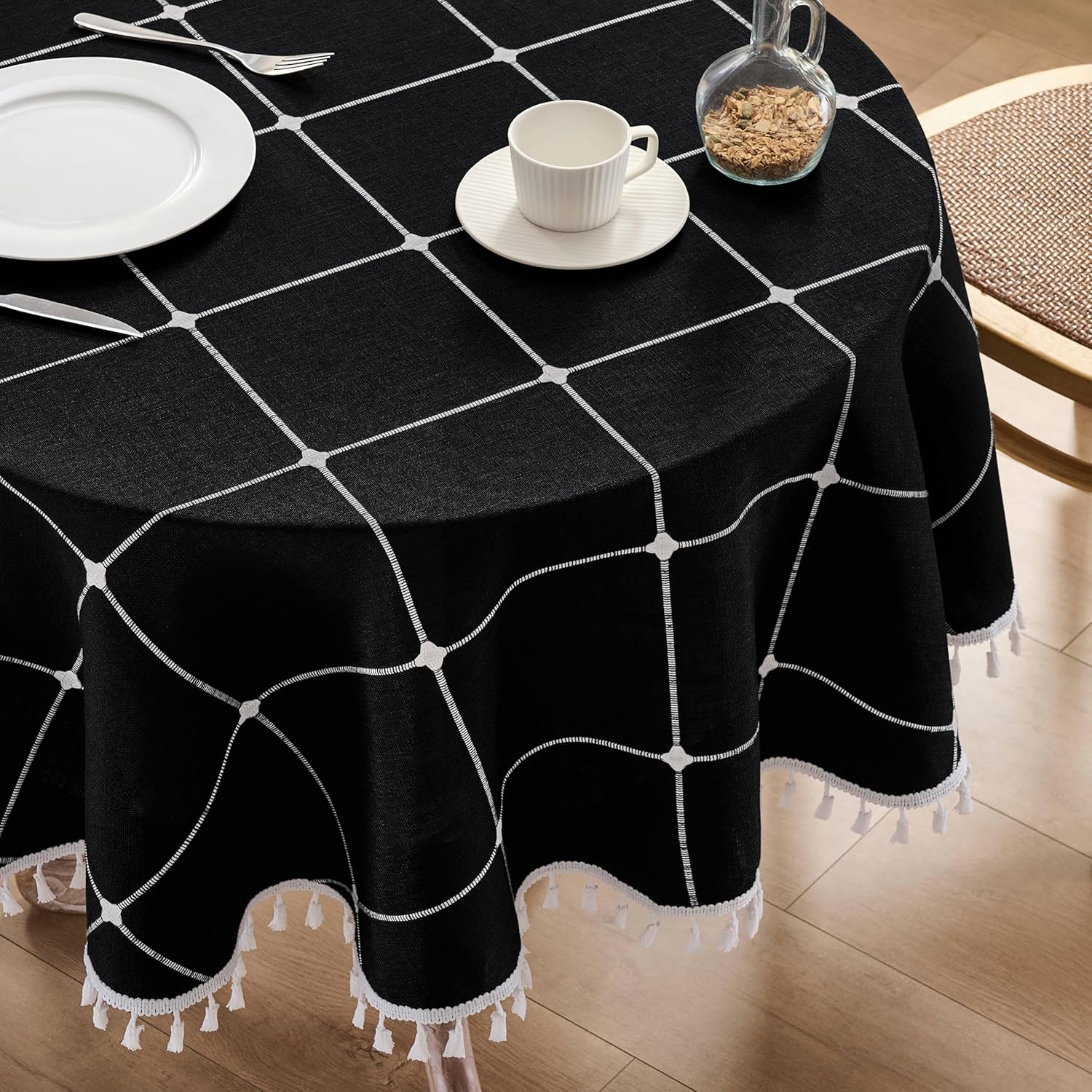 ZeeMart Boho Grid Table Cloth with Tassels (Black, 52" Round), Heavy Weight Linen Checked Embroidered Farmhouse Tablecloth, Water Resistant Round Black Tablecloths Tassel/Black 52" (Round)