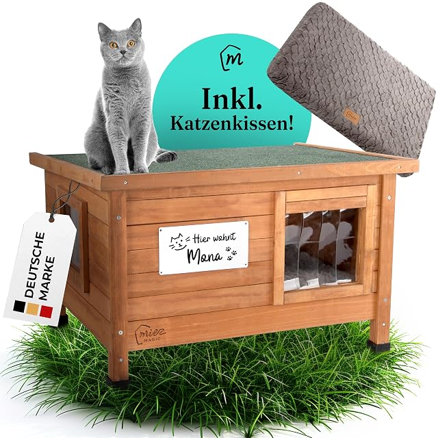 MIEZ MAGIC Casa para gatos exterior resistente al invierno aislada, robusta casa para gatos de madera de abeto
