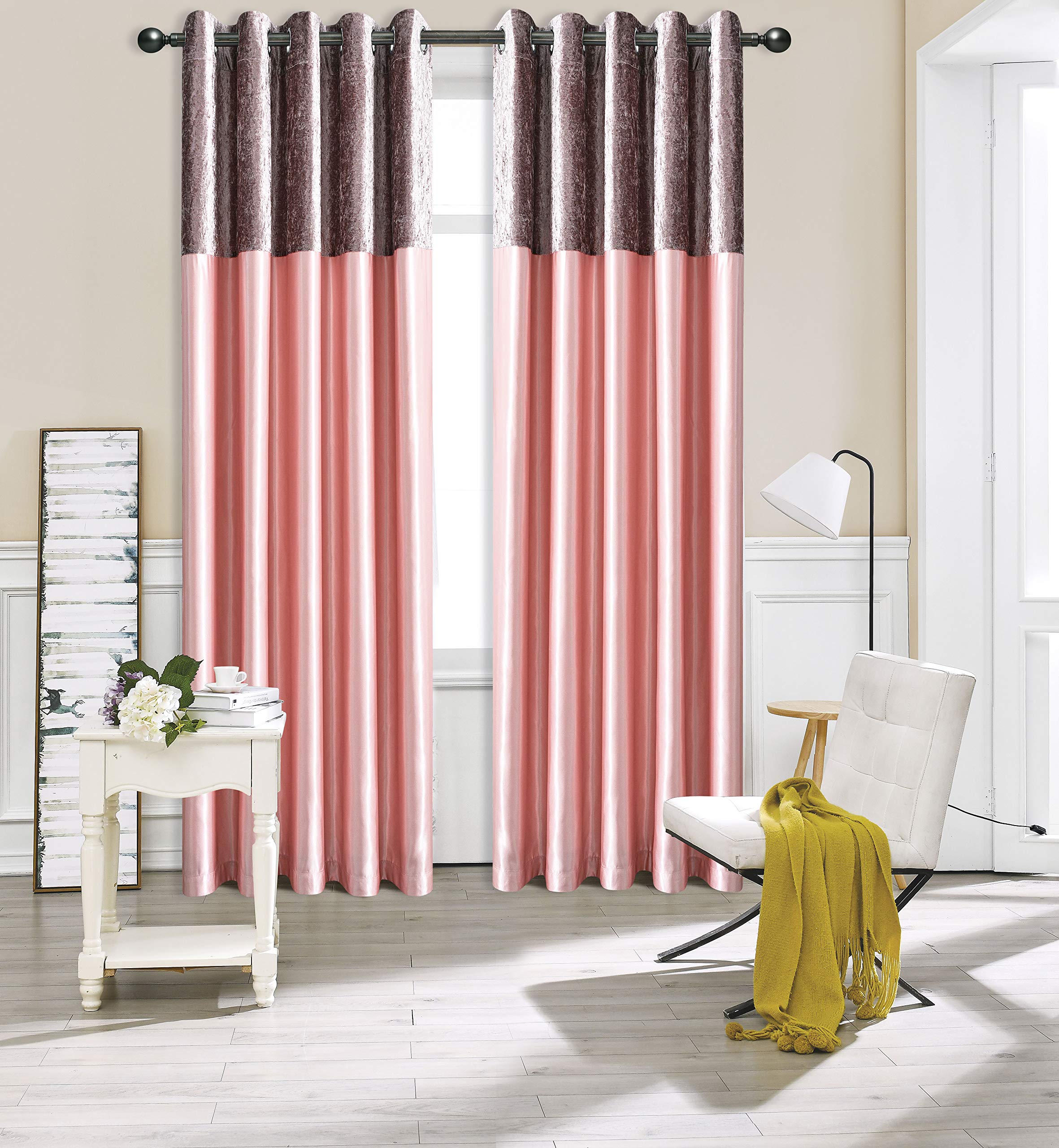 ROOEE Crushed Velvet Faux Silk Curtains - Eyelet Ring Top and Fully Lined (Blush Pink, 46" Wide x 90" Drop)