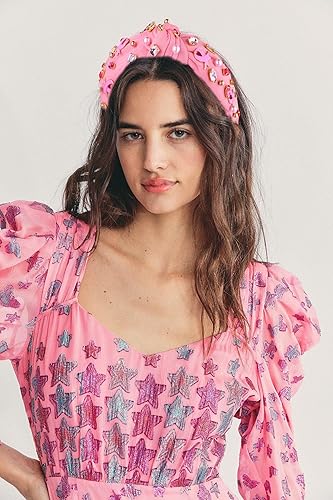 Miniatura 6 de Diadema anudada rosa brillante con diamantes de imitación para concientización sobre el cáncer de mama, diadema de nudo de conciencia sobre el