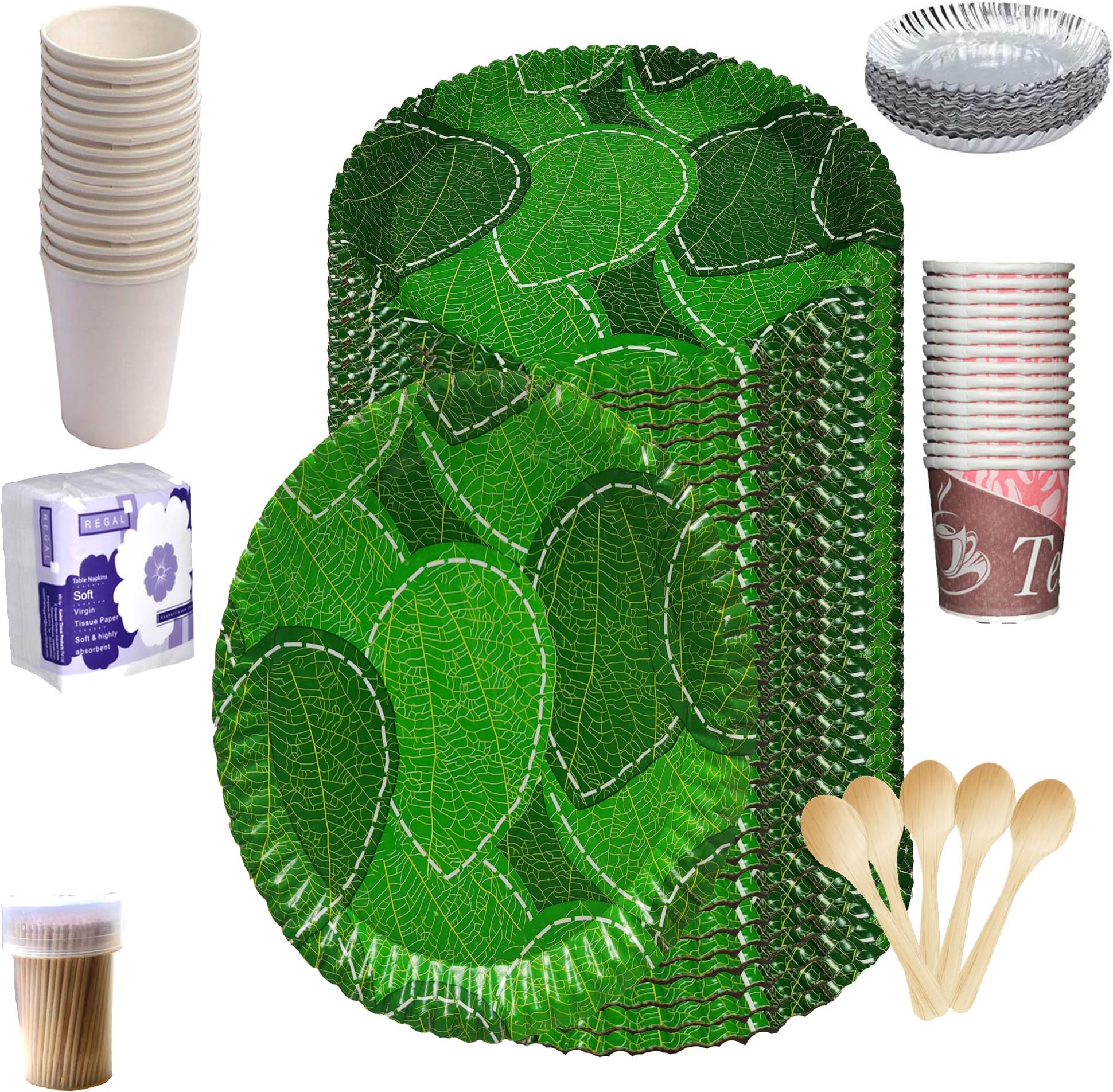UR LITTLE SHOP 100% Biodegradable_Eco Friendly_12 Inch Paper Dinner Plates_Paper Glasses_ Tiffin Plates_Wooden Spoons_Paper Tea Cups_Tissues_Tooth Picks_All Items Pack of 100 Combo_ ULSP34