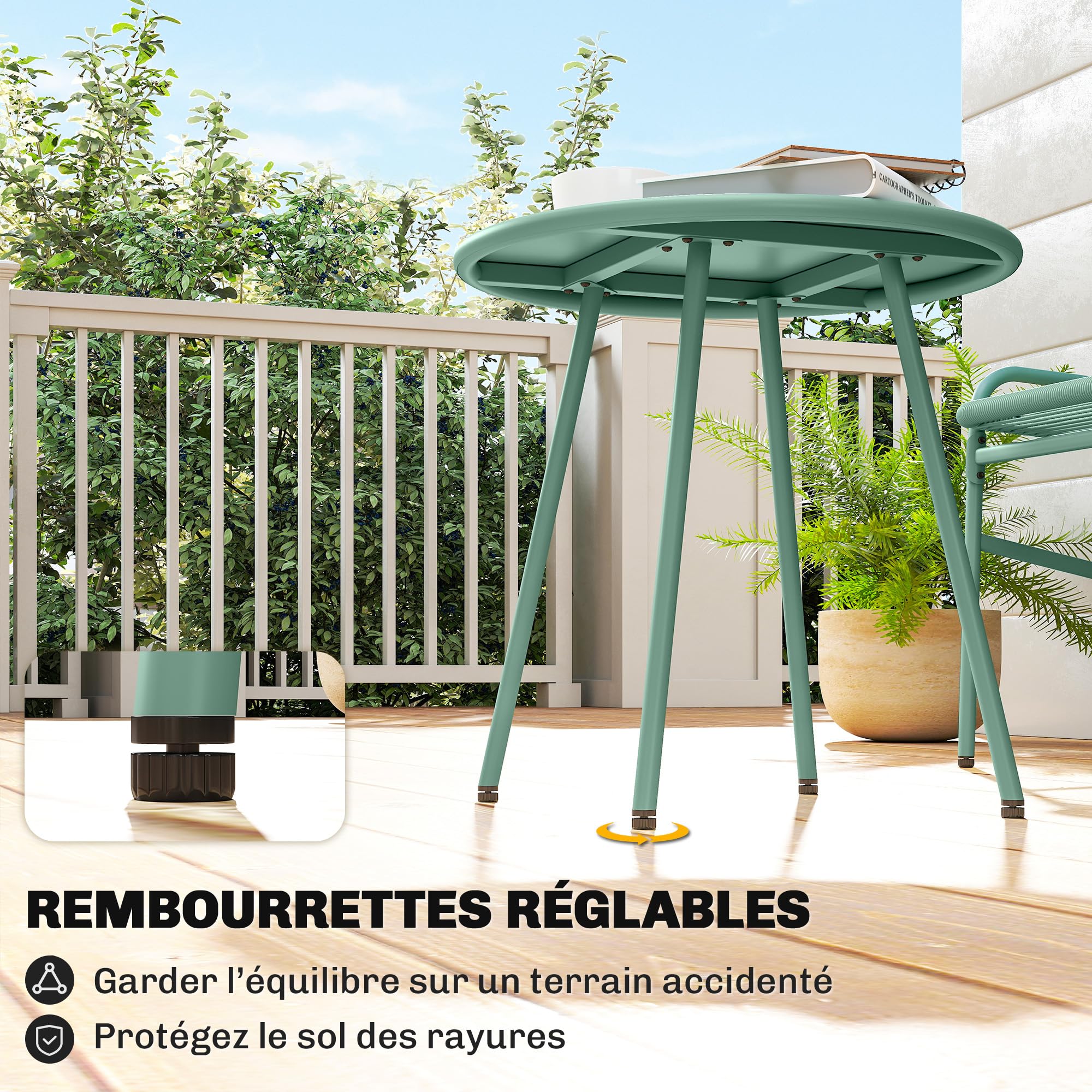 Outsunny Salon de Jardin Extérieur 3 Pièces en Résine Tressée, Table de Jardin Ronde avec 2 Chaises, Pieds Ajustables, Cadre en Acier Galvanisé, Mobilier de Jardin pour Balcon Terrasse Patio, Vert