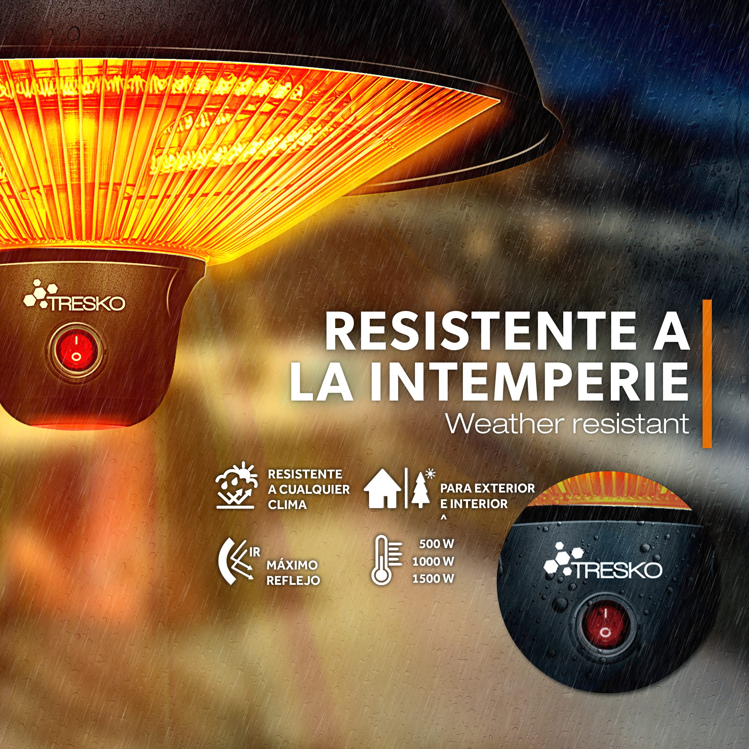 TRESKO Calefactor por Infrarrojos de Pared | 1500W + Control Remoto | Estufa Radiante de Terraza con 3 Temperaturas | Radiador Eléctrico para Exterior e Interior | Calentador de Techo (Negro)