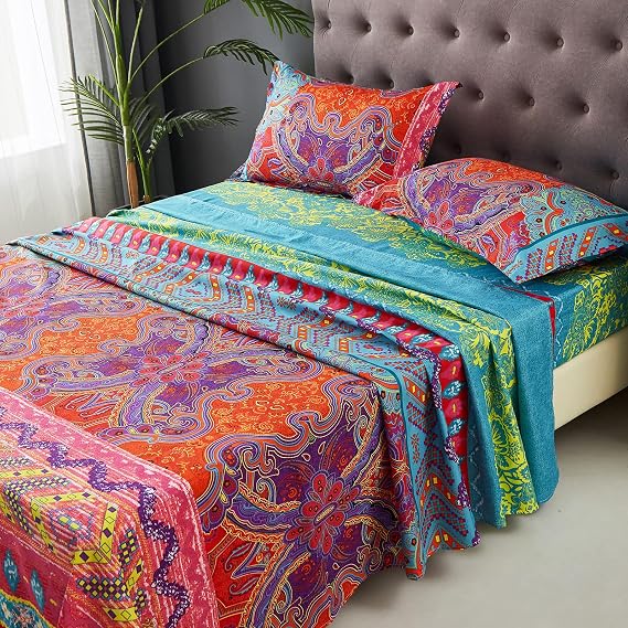 Boho Sheet Set California King Size, 4PCS Bohemian Colorful Tribal 16 Inch Deep Pocket Boho Indian Bedding Sheets, Soft Microfiber Bed Sheet Set Cal king(1 Fitted Sheet, 1 Flat Sheet, 2 Pillowcases)