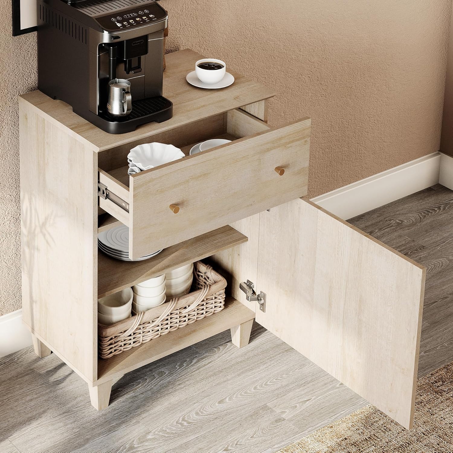 WAMPAT Buffet Cabinet with Drawer and Door for Kitchen, Modern Sideboard Wood Coffee Bar Buffet Table with Adjustable Storage Shelf for Dining Room, Living Room, Entryway, Hallway, Light Oak