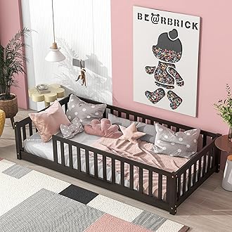 Bellemave Twin Size Floor Bed with slats for Kids, Girls, Boys, Wood Montessori Floor Bed with Guard Rails, Without Door, Walnut