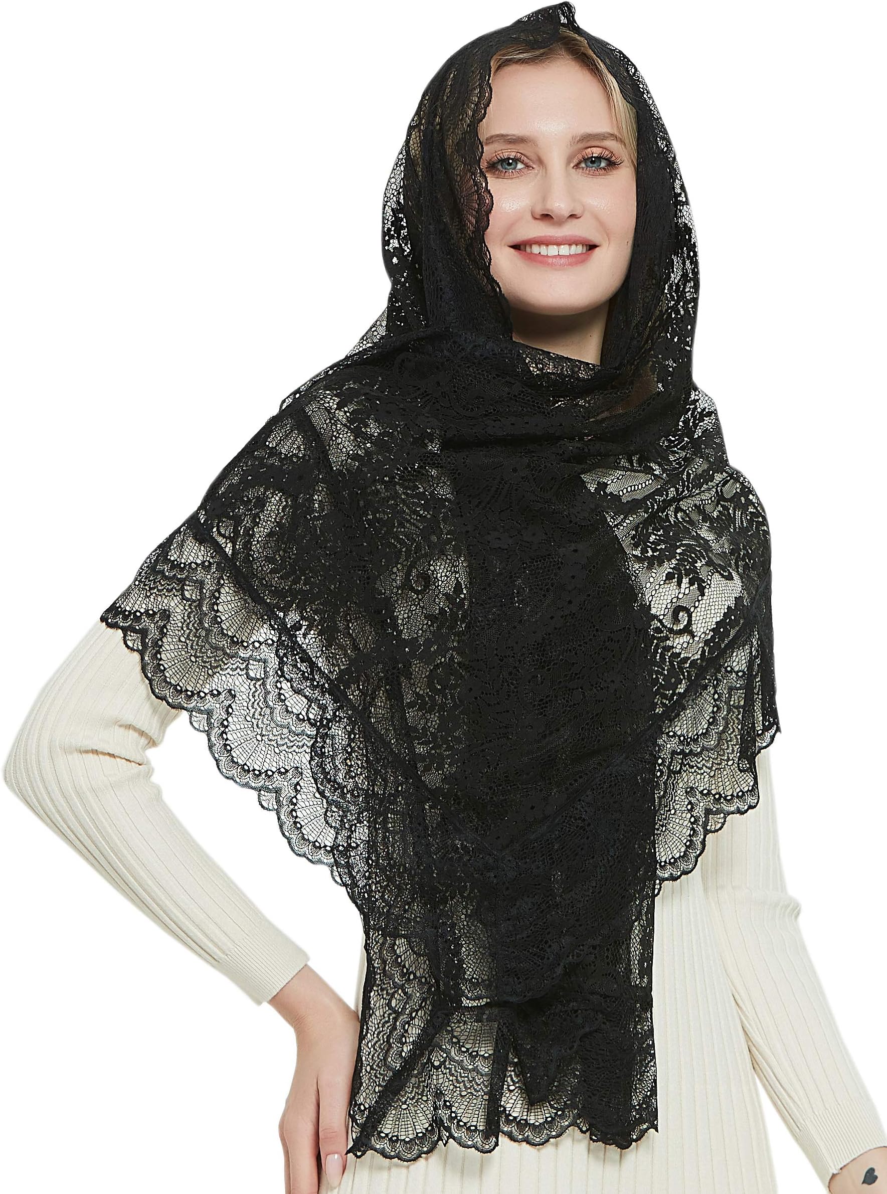 Eyelash Lace Vintage Floral Lace Shawl Head Scarf Long Catholic Chapel Veil Mantilla Infinity Latin Mass S04