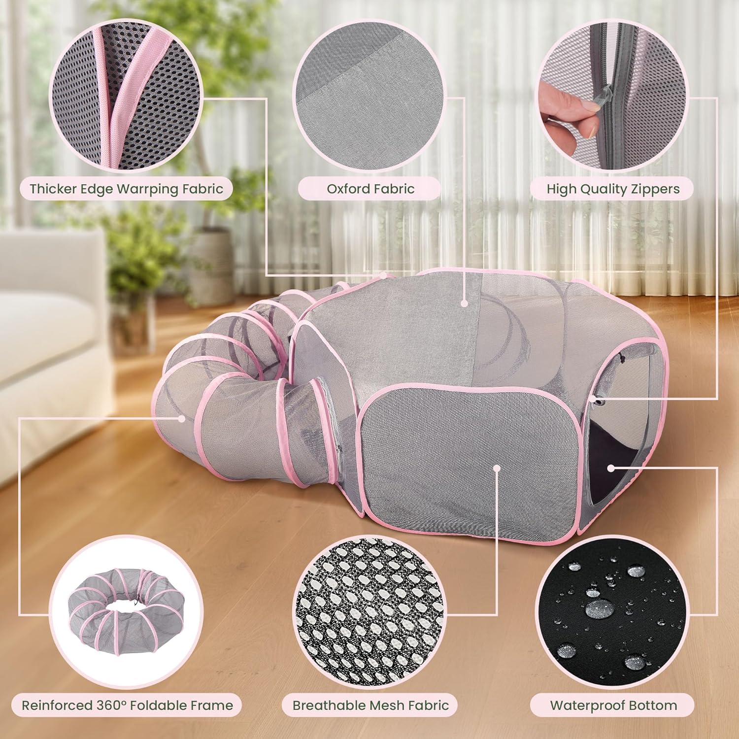 X-ZONE PET Portable Catio Playground, Outdoor Cat Enclosure, Enclosed Tent Playpen Tunnel for Indoor Cats & Small Animals, with Bag Storage 45 Inch Pink