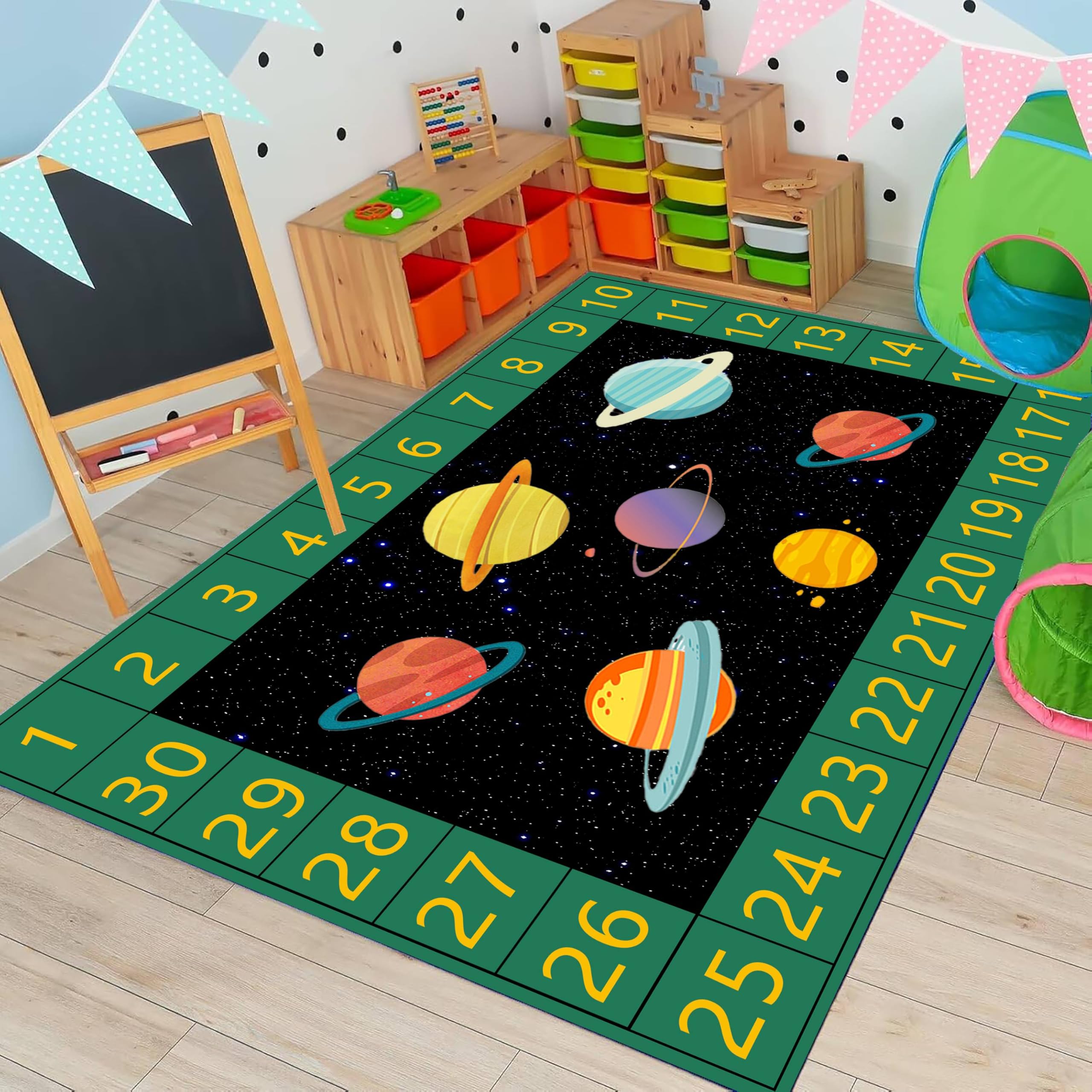 USHIRUG Starry Sky Area Rug, 60x110cm Soft Washable Rug With Galaxy, Space, and Colorful Planet Pattern Carpet, Green Checkered Number Border Educational Play Mat for Boys' Bedrooms Playrooms