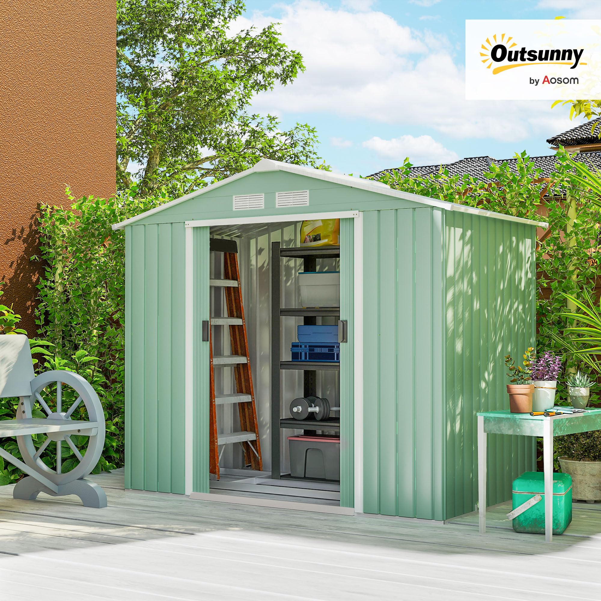 Outsunny Metalowy domek ogrodowy 2,42 m² 213 x 130 x 185 cm, jasnozielony