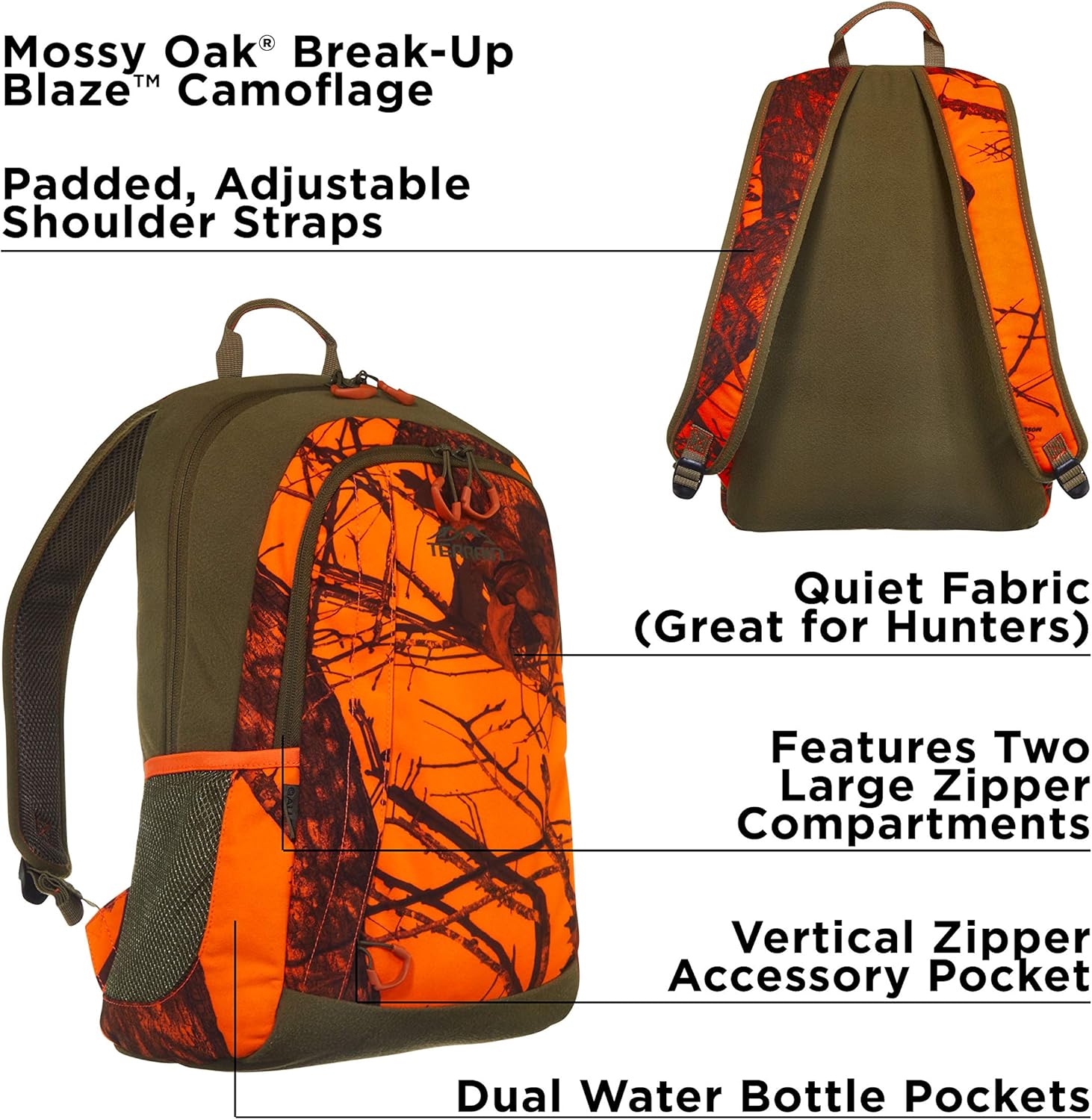 Allen Company Terrain Delta Mossy Oak Camping, Hiking and Hunting Backpack/Daypack, 12.5 L x 4 W x 18 H inches, 1350 cu.in. (22.1 liters), Mossy Oak Break-Up Blaze Camo, Orange (Packs & Bags) : Sports & Outdoors