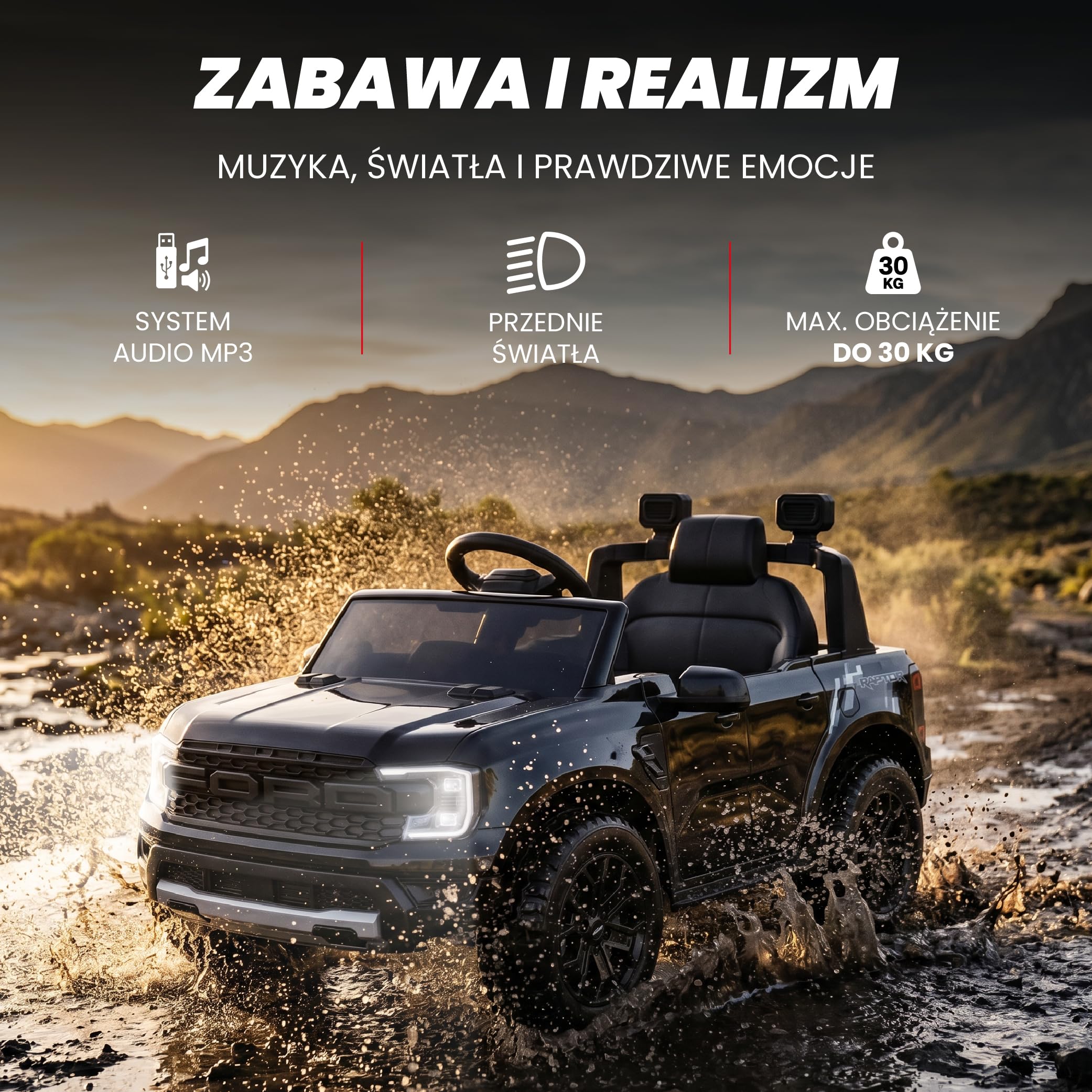SUN BABY Ford Raptor - Auto na Akumulator dla Dzieci 3-6 Lat, Samochód Elektryczny 12V 4,5Ah, Pilot Zdalnego Sterowania, MP3, Światła LED, Amortyzatory - Czarny