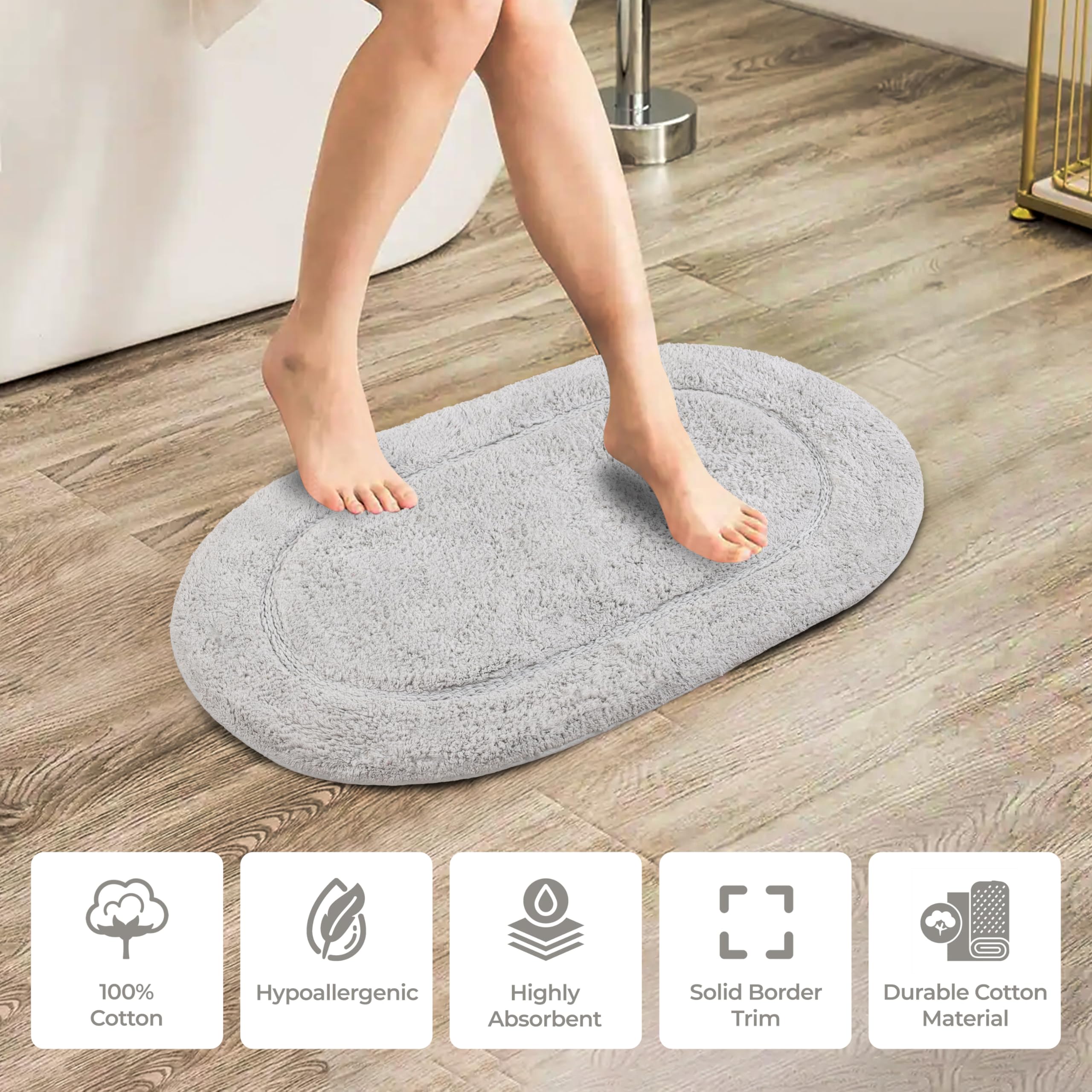 Superior Non- Slip Cotton Oval Bath rug with Spray Latex Backing Tappeti da Bagno, Cotone, Argento-Ovale, 2 PC Set