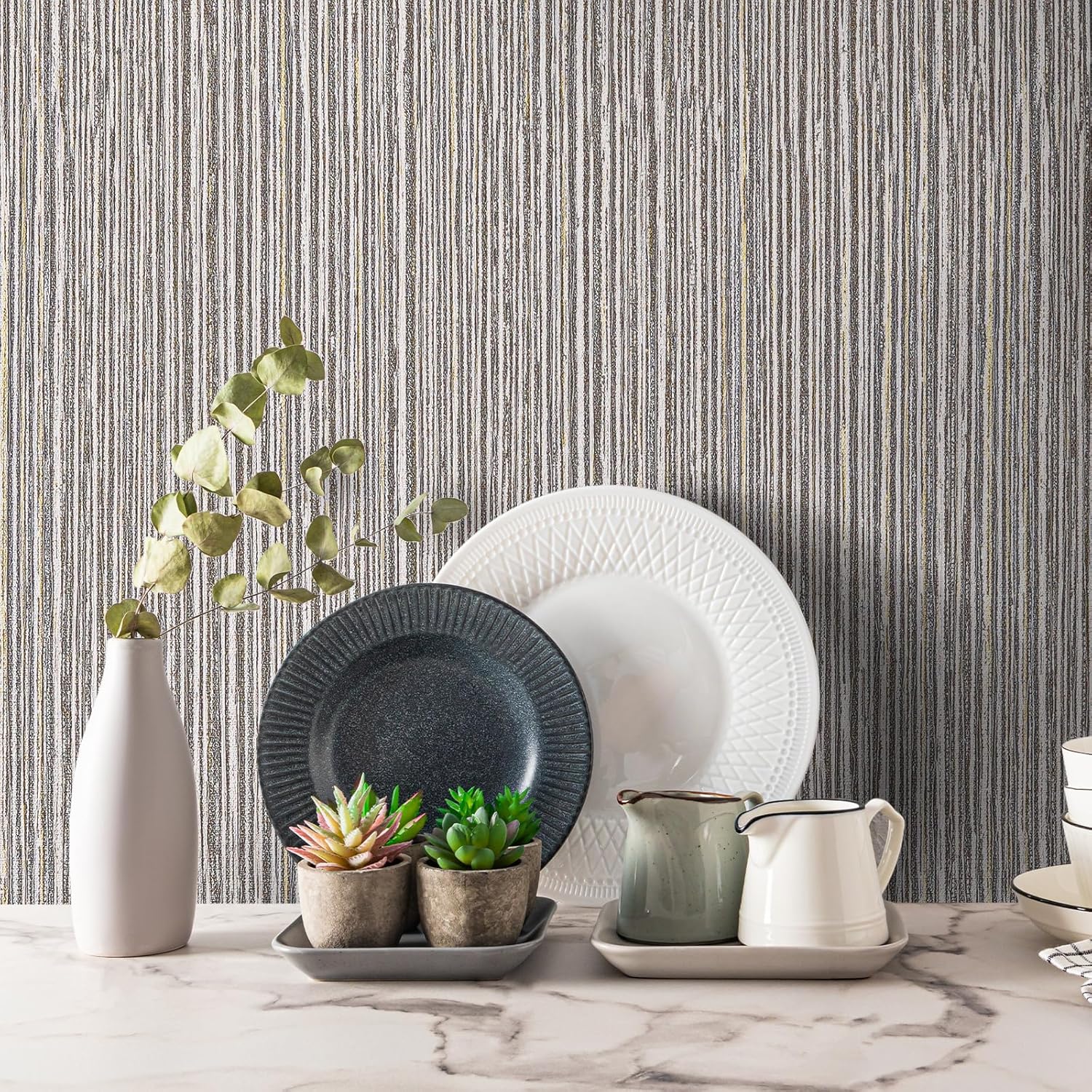 WADILE Grasscloth Peel and Stick Wallpaper - Linen Stripes Wall Paper 23.6 in x 393.7 in - Fabric Contact Paper, Textured Self-Adhesive Thick Vinyl Embossed (Light Gray)