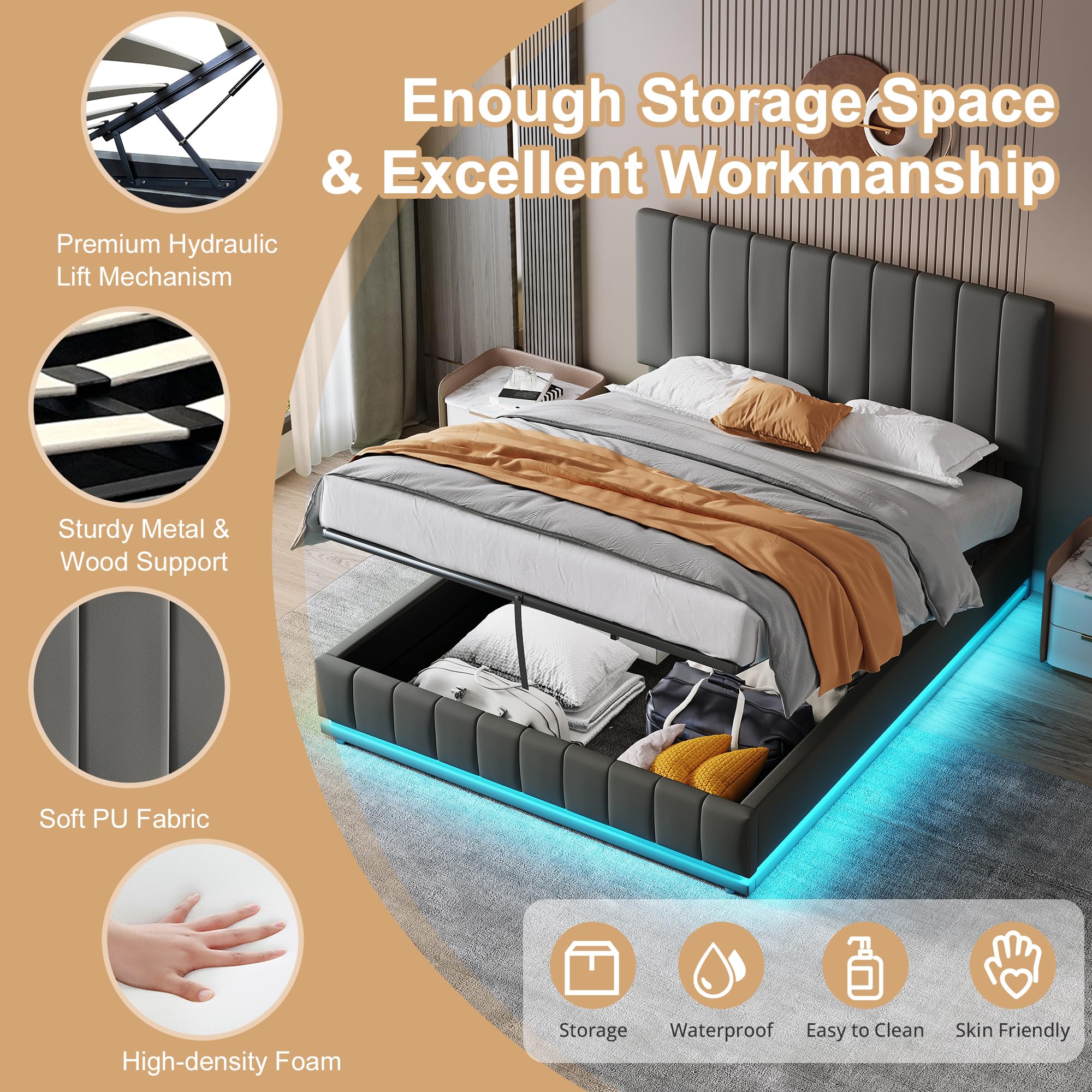 ModernLuxe Upholstered King Size Bed, 5FT Bed Frame With Hydraulic