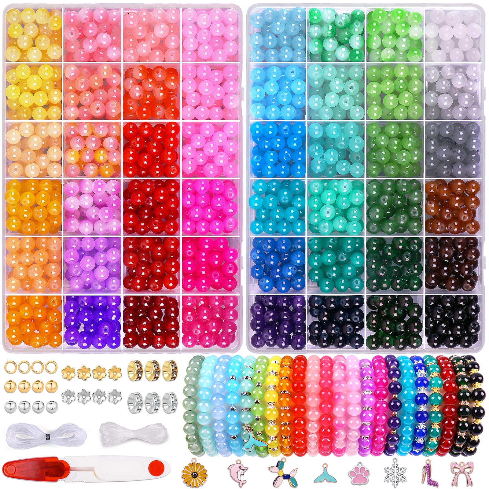 Wuollgess 1700Pcs 8mm Glass Beads for Bracelet Making Kit, 48 Colors Crystal Round Beads for Jewelry Making DIY Crafts Gifts Set for Teens Adults