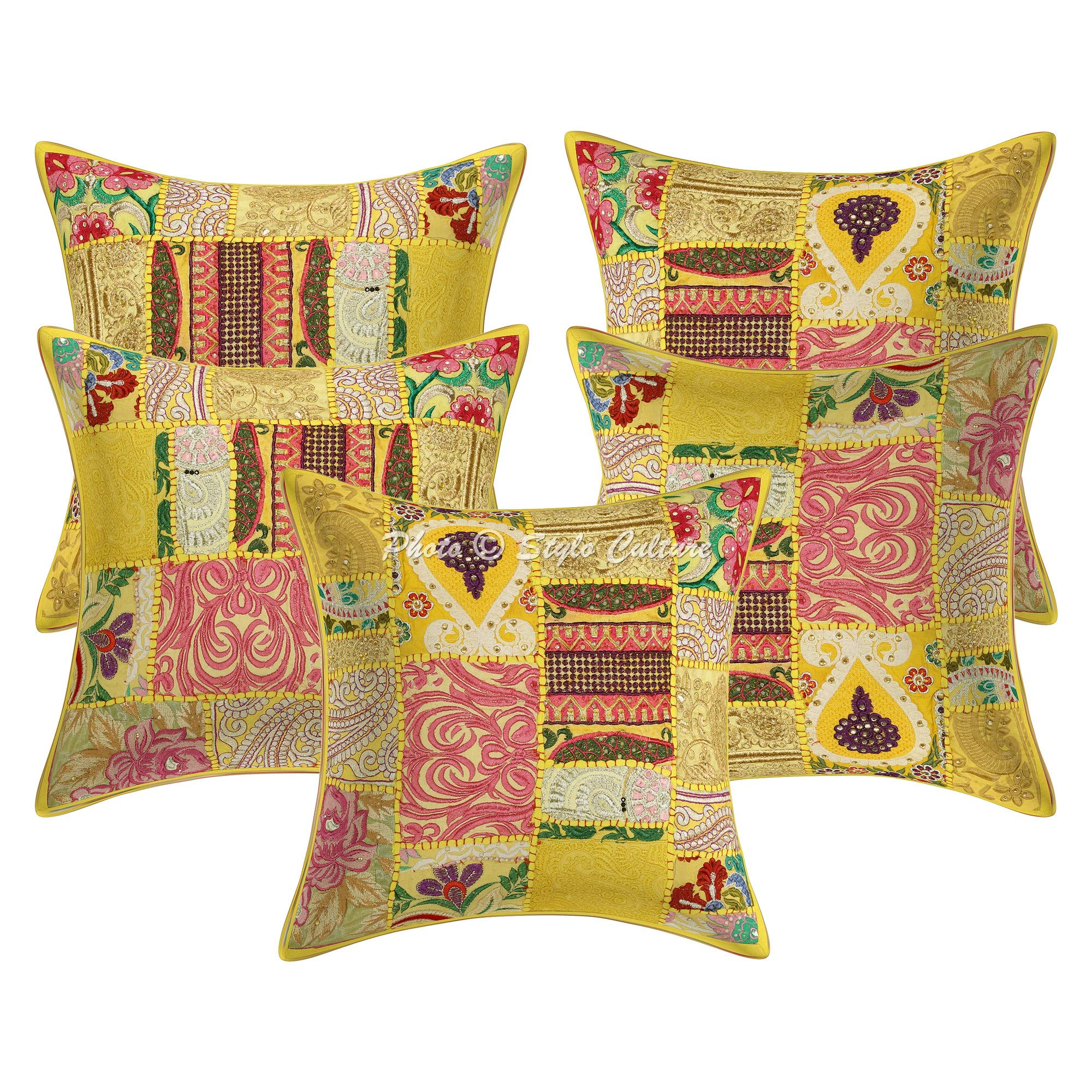 Indische Dekorativ Baumwolle Sofa Kissenbezüge 40x40 cm Zitronengelb Dekokissen Vintage Patchwork Wohnzimmer Couch Kissenhullen Blumen Quadrat Umschlagverschluss Kissen Bezüge - 5 STK.