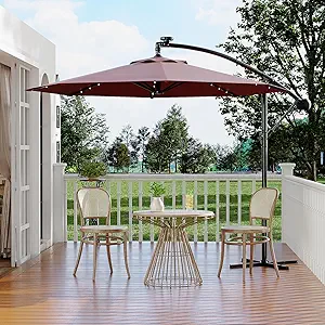 Garvee 10ft Solar Lights Offset Patio Umbrella, Cantilever Umbrella with Easy Lift & Tilt Adjustment, 8 Ribs Sun umbrella UV Protection for Backyard, Pool, Garden - Burgundy