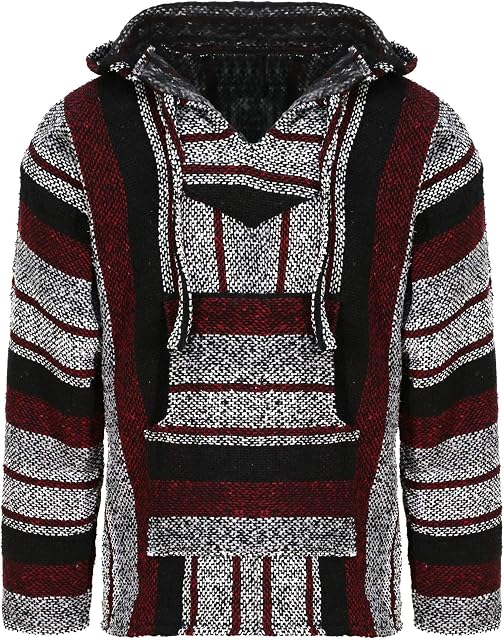 Mexican Baja Jerga Hoodie Hippie Festival Top in Maroon, Black and White Stripe (L)