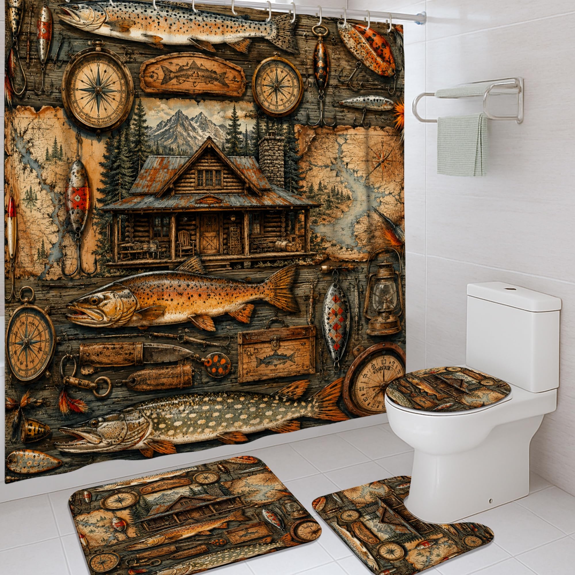 Rideaux de douche rustiques poisson et boussole avec tapis de bain