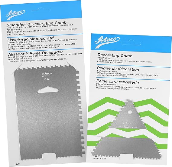 Ateco 1446 - 3 Sided Decorating Comb and 1447- 4 Sided Decorating Comb & Icing Smoother, 2 Pc Set,Silver