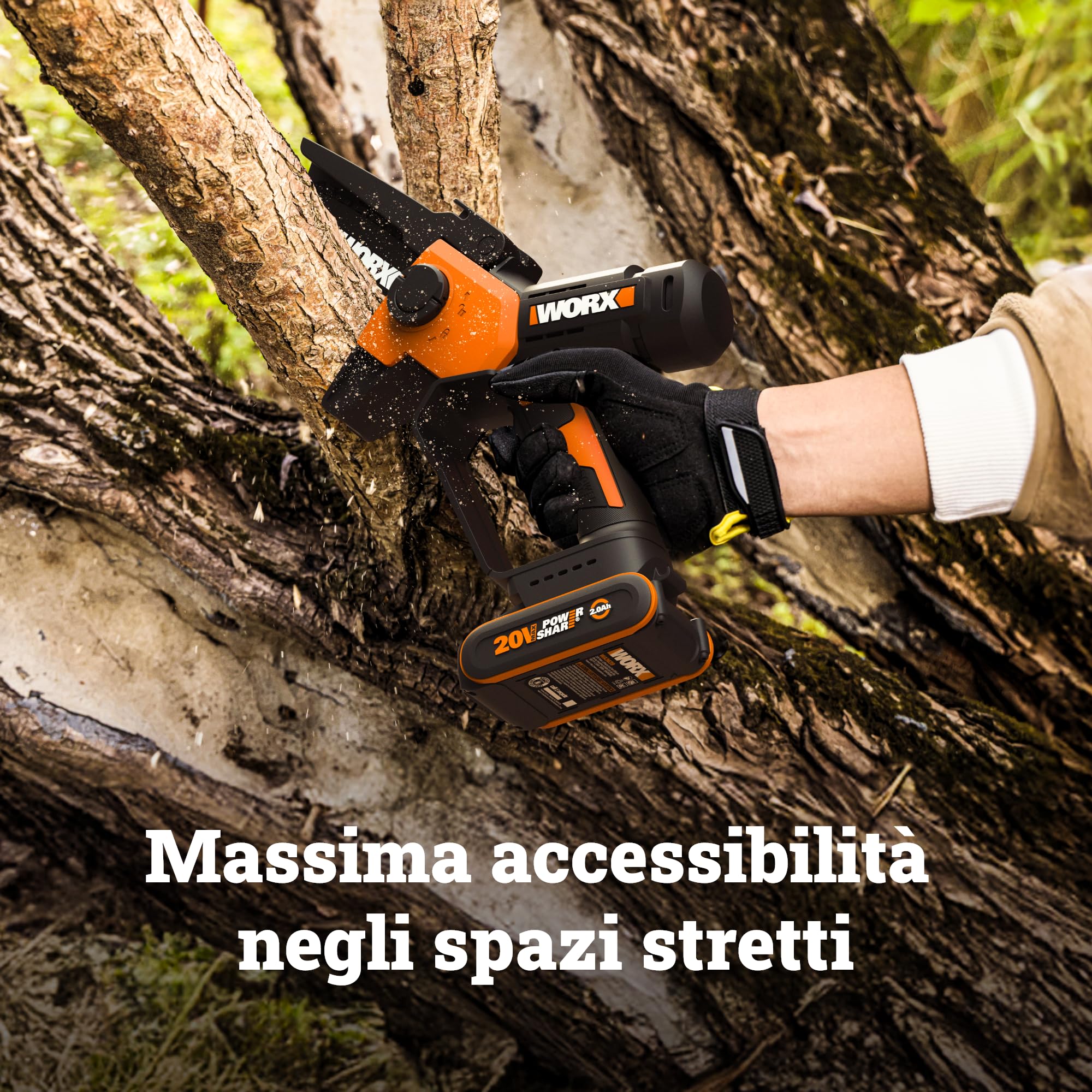 WORX WG326E.9 - Mini motosega a batteria 20 V, lunghezza di taglio 12 cm, cambio catena senza attrezzi, velocità della catena 7,6 m (senza batteria e caricatore)