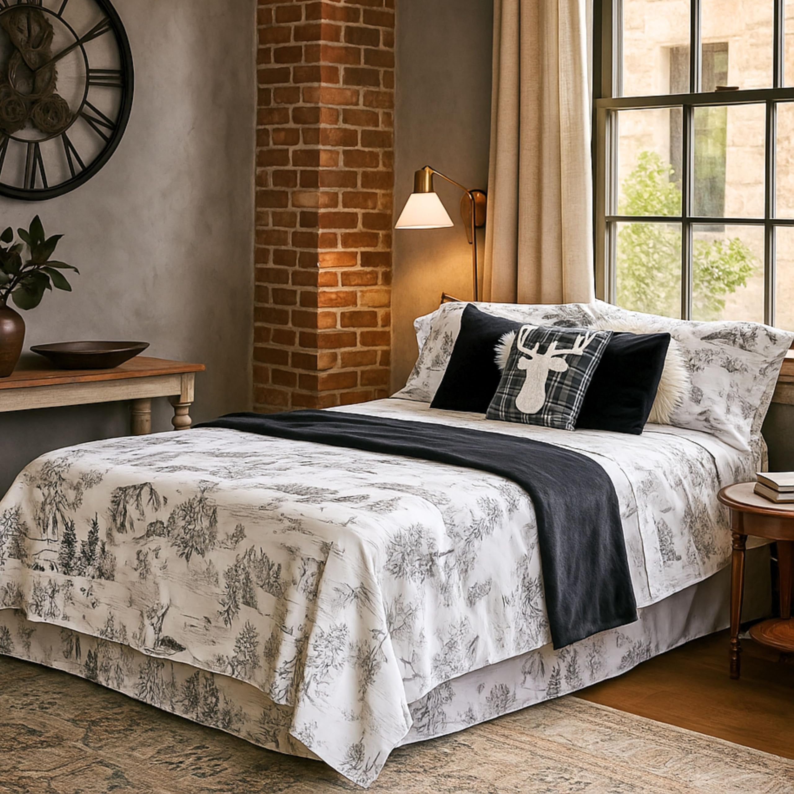 Juego de Sábanas 100% Algodón Suave – Estampado Toile de Jouy con Animales y Bosque – 3 o 4 Piezas: Bajera, Encimera y Fundas de Almohada – Cama 90, 135, 150 cm – Transpirables y Elegantes (CAMA 150)