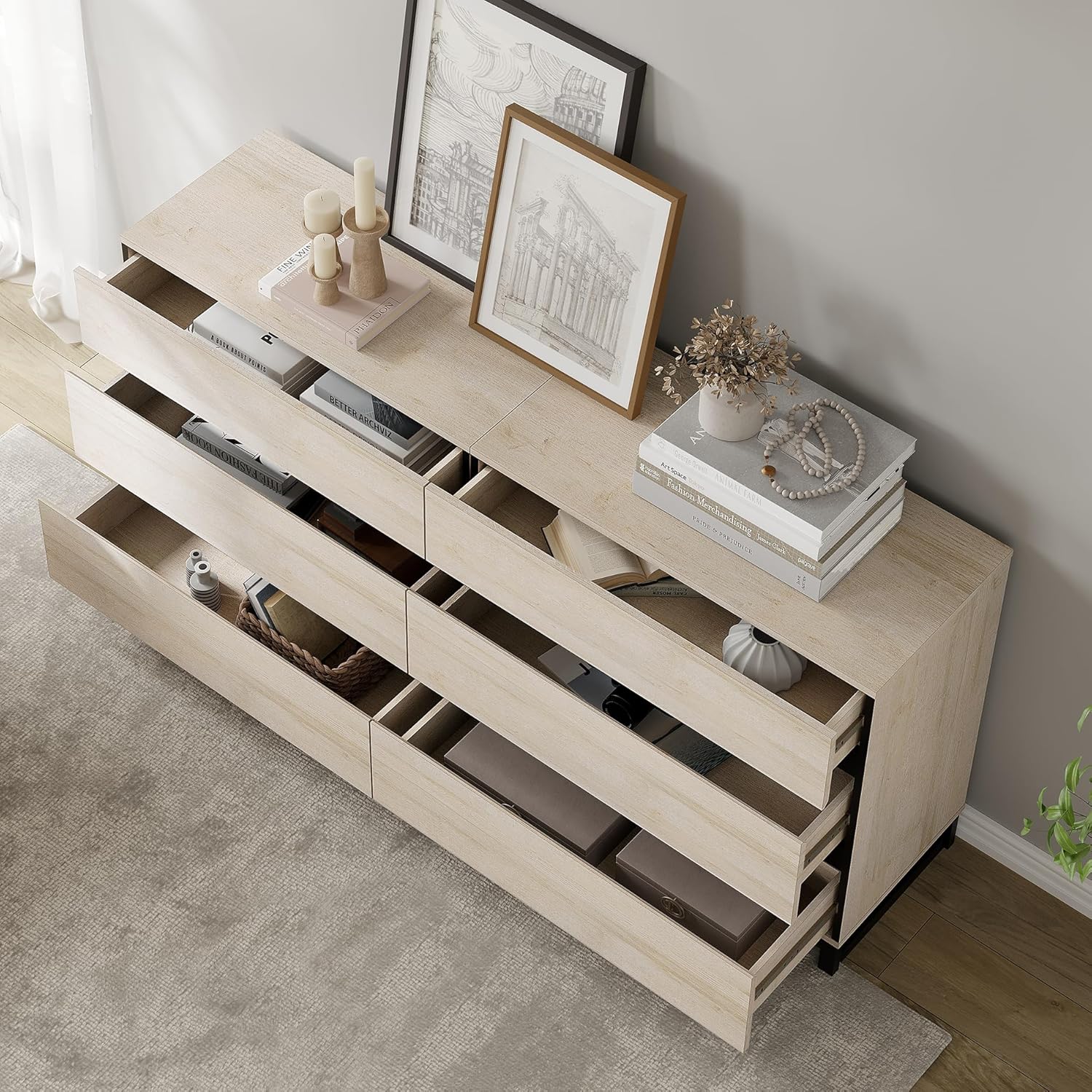 WAMPAT Modern TV Stand for TVs up to 100 inch, 3 in 1 TV Console with Adjustable Shelf and 6 Drawers, Media Console for Living Room,Bedroom,Light Oak