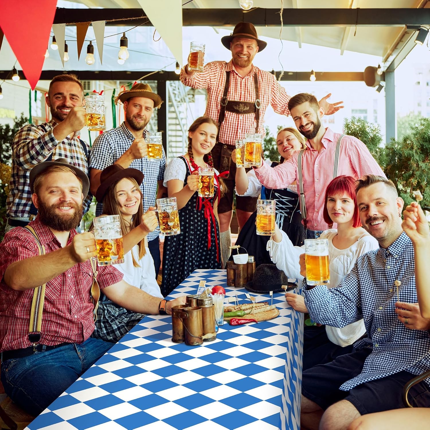 100 Ft x 54 Inch Oktoberfest Plastic Tablecloth Roll with Slide Cutter Box Disposable Bavarian Blue & White Argyle Design, Waterproof Blue Diamond Table Cover for Festivals Events Party Decor