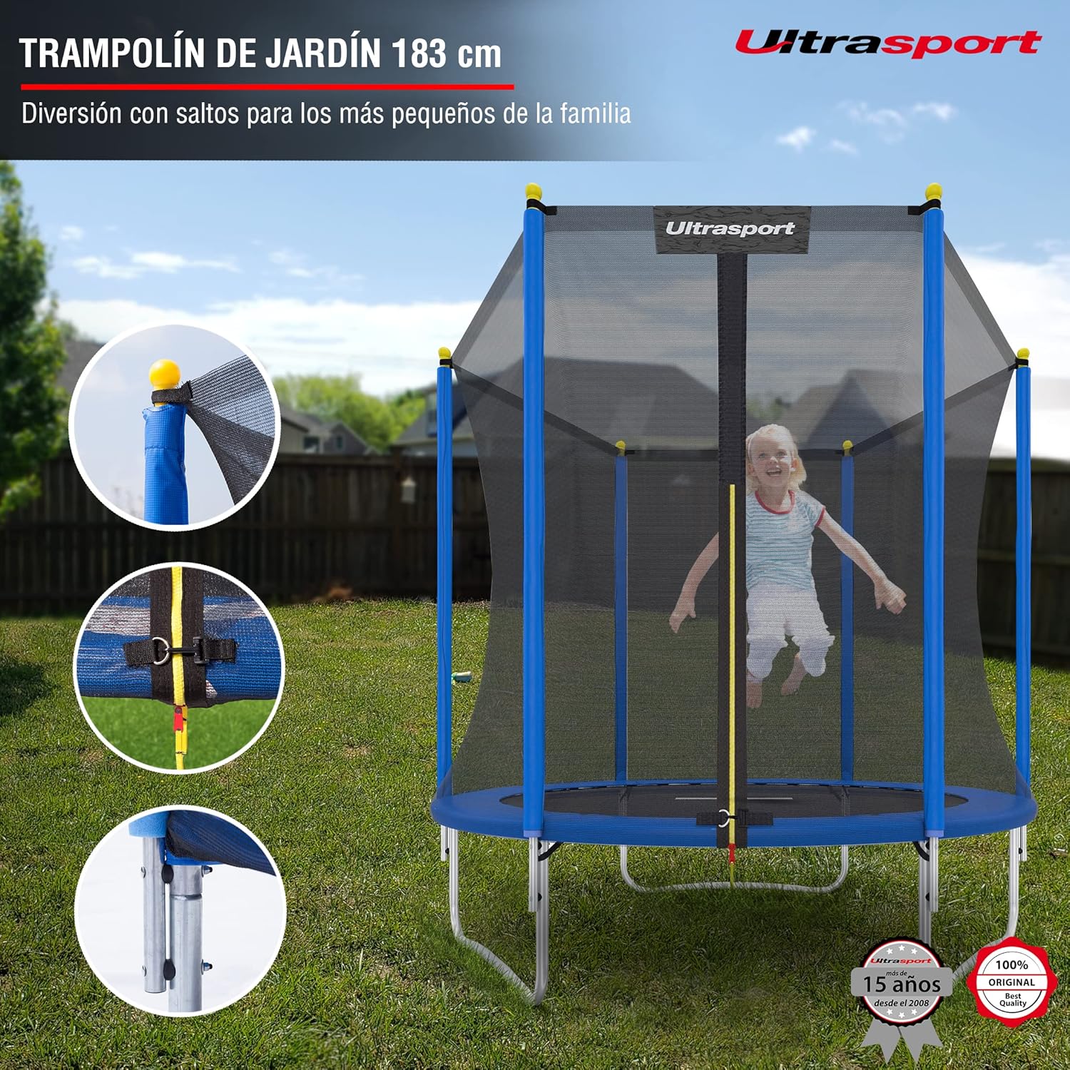 Ultrasport Uni-Jump 183cm Trampoline in a garden with a child jumping inside the safety net.
