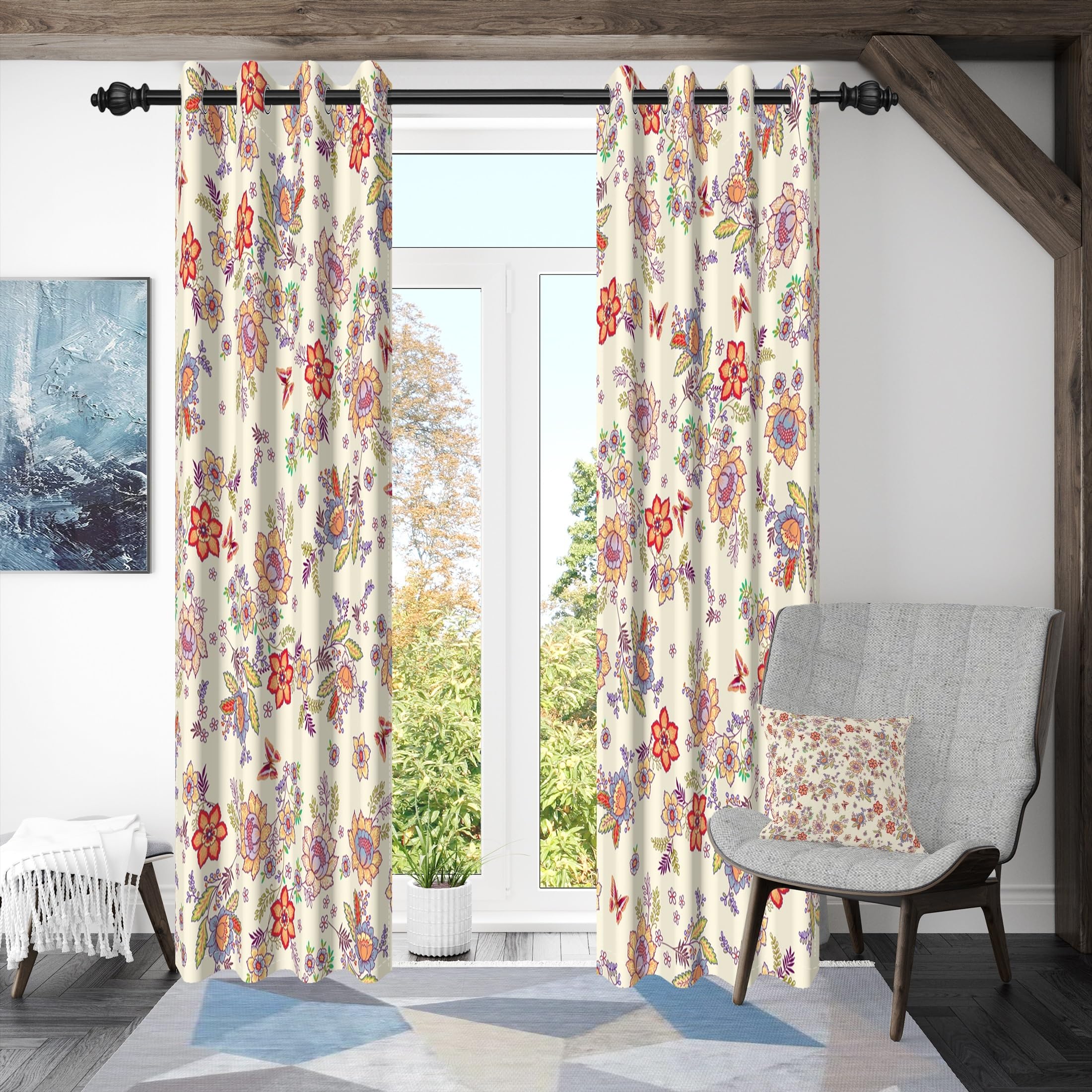 ggaimwf 46"x 54" Flower Eyelet Curtain Colorful Wild Floral Butterfly Rustic Spring Vintage Pattern Country Insulated Thermal Grommet Blackout Window Drapes for Girl Bedroom Living Room,2 Panels