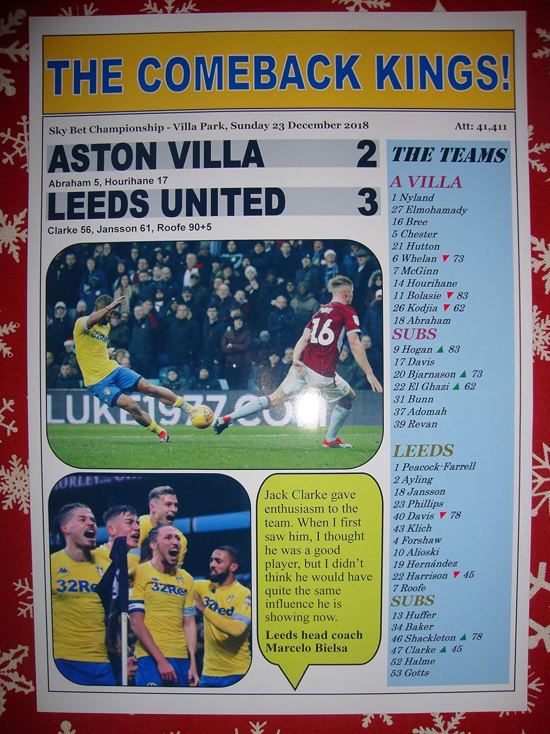 Aston Villa 2 Leeds United 3-2018 Championship - Souvenir Print