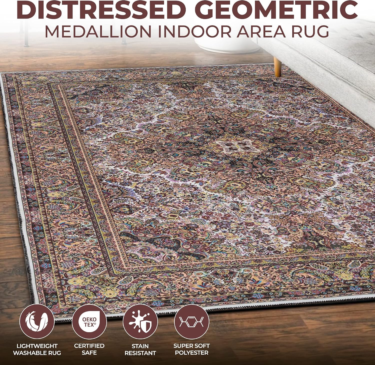 Superior Modern Medallion Washable Rug, Cotton Backing, Pet & Kid Friendly, Easy Care, Boho Rugs for Entry, Living Room, Kitchen, Bedroom, Low Pile Area Rug, Flamingo Collection, 2 x 3, Cream