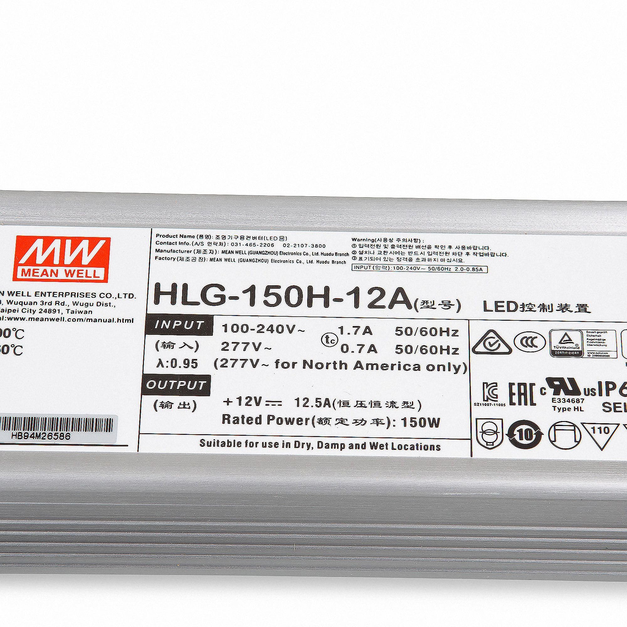 Mean Well HLG-150H-12A - Transformador de alimentación LED SNT 12 V/CC 0-12,5 A/150 W, IP65, transformador para iluminación