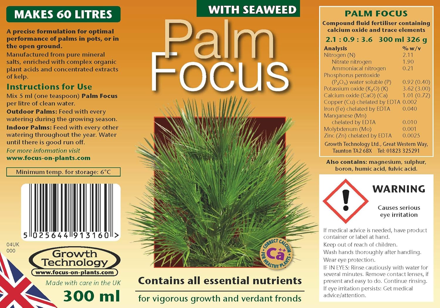 Growth Technology GTPAF300 300ml Palm Focus Unique Liquid Concentrated Fertiliser