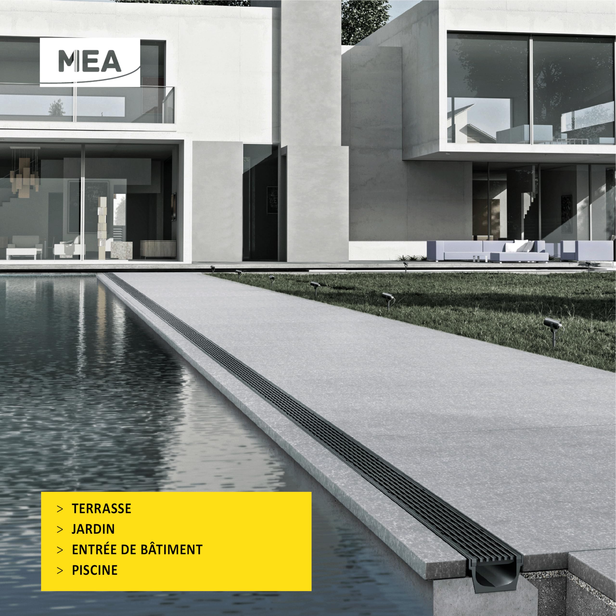 MEA Pack de 3 Caniveaux Extérieurs MEAPARK – Grille Plastique Recyclé Noir – Drainage Terrasse – Classe A15 Piéton – Largeur 10 cm