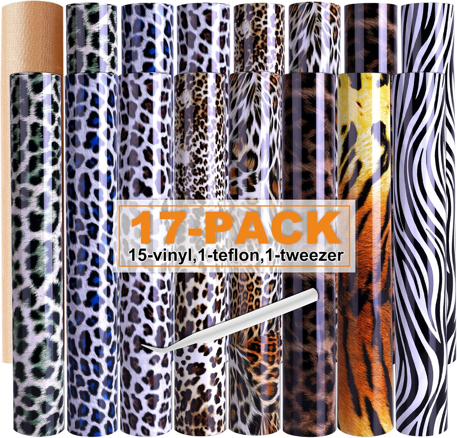 Cheetah Print Heat Transfer Vinyl,15 Sheets 12 x10 Inch Leopard Pattern HTV Vinyl Animal Iron on Vinyl Bundle with 1 Weeding Tweezer 1 Teflon Sheet for Cricut Maker, Explore Air 2, Silhouette Cameo