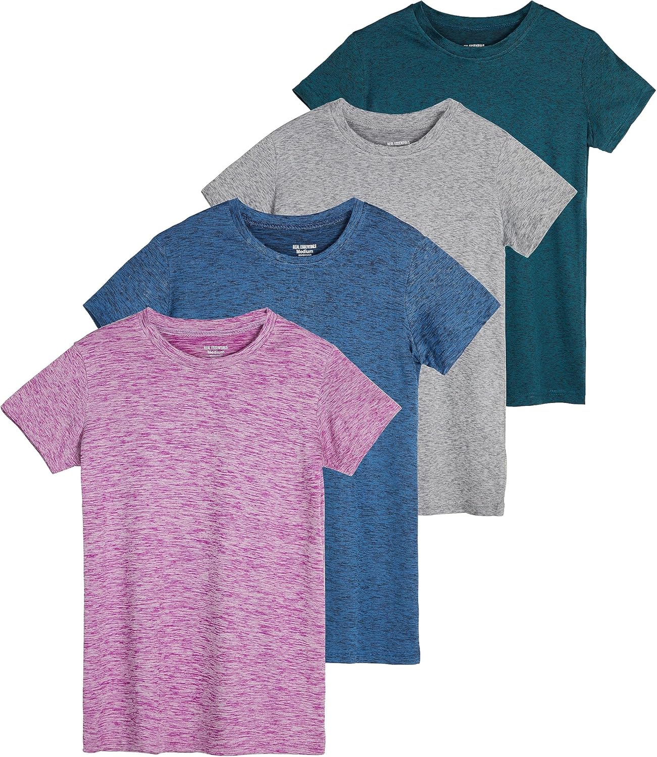 Real Essentials 4 Pack: Girls Short Sleeve Dry-Fit Crew Neck Active Athletic Performance T-Shirt