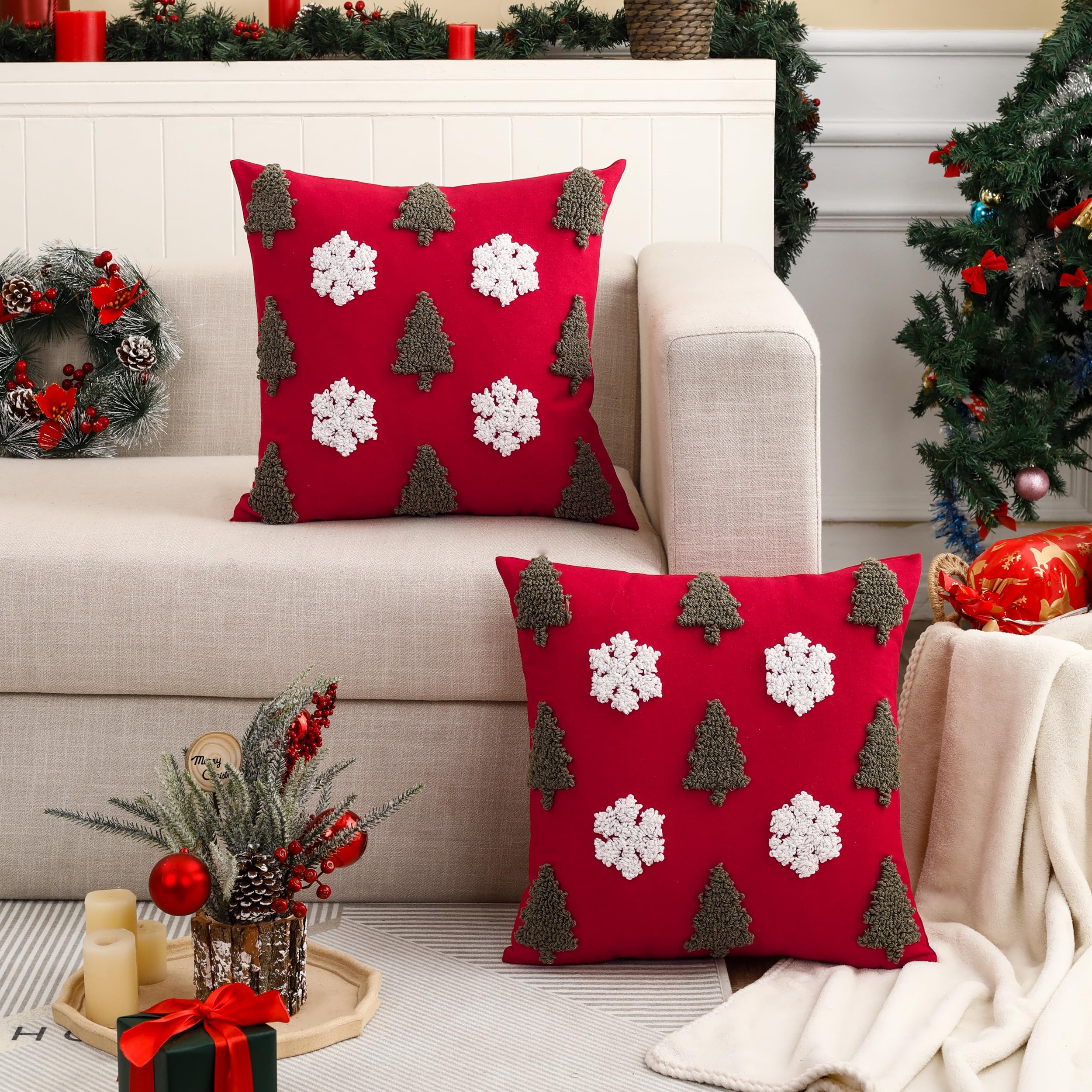 Tosleo Set of 2 Christmas Cushion Cover Cotton Linen Christmas Tree and Snowflake Tufted Deco 18 x 18 inch Pillowcase Merry Xmas Winter Decorative for Sofa Bed Chair Living Room Home Xmas Decor - Image 3
