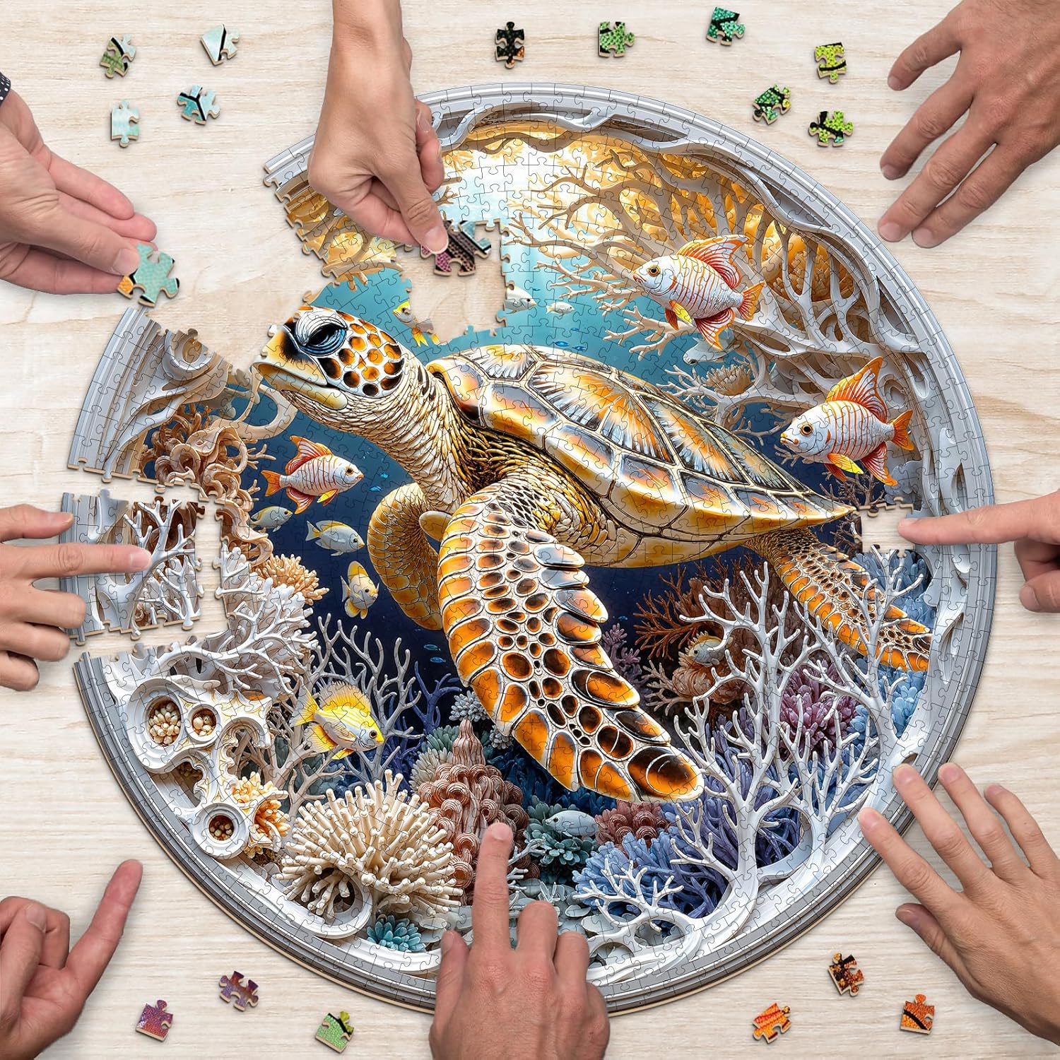 Sea Turtle Puzzles for Adults 1000 Pieces, Round Ocean Animal Fish Coral Jigsaw Puzzles 1000 Pieces for Adults, Fun Puzzles with Letters On Back, Challenging Game Toys (26.5 * 26.5in)